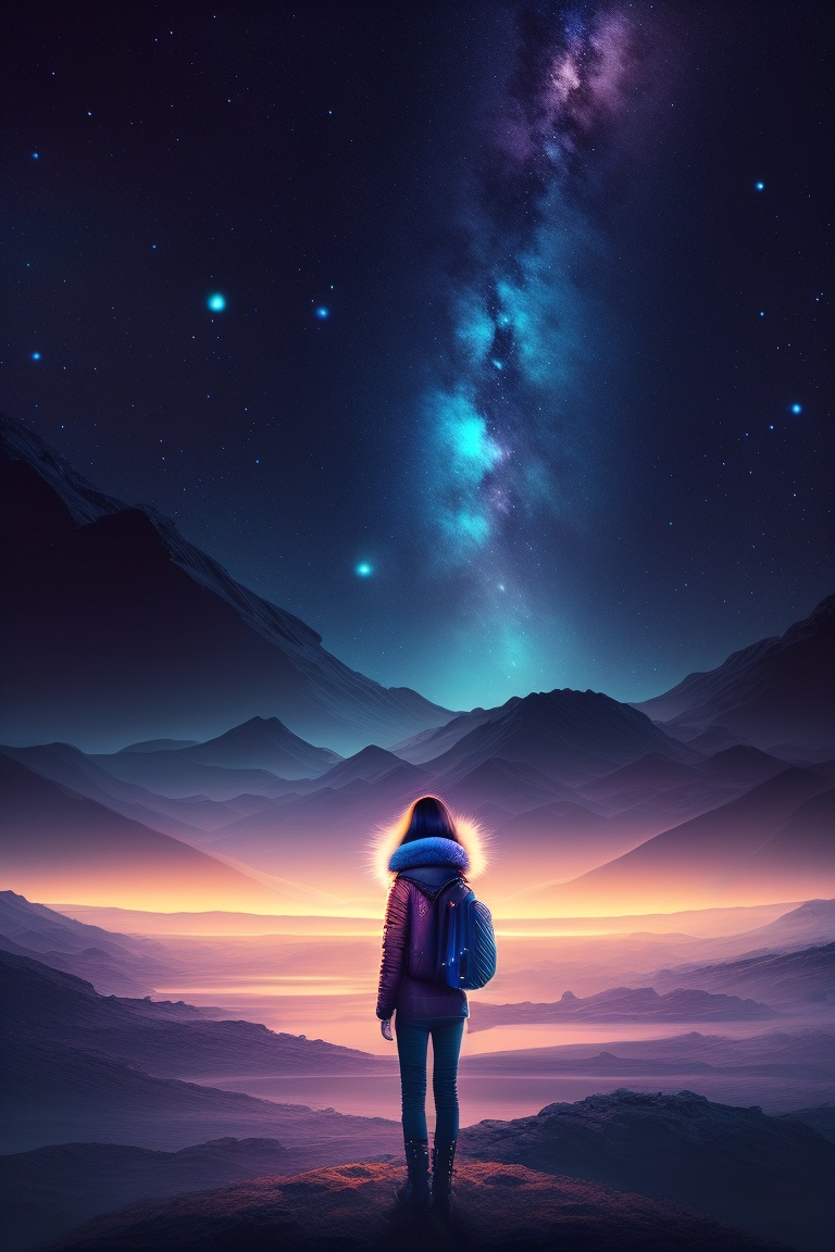 Lexica - A girl alone on a planet with stars behind him at night in the ...
