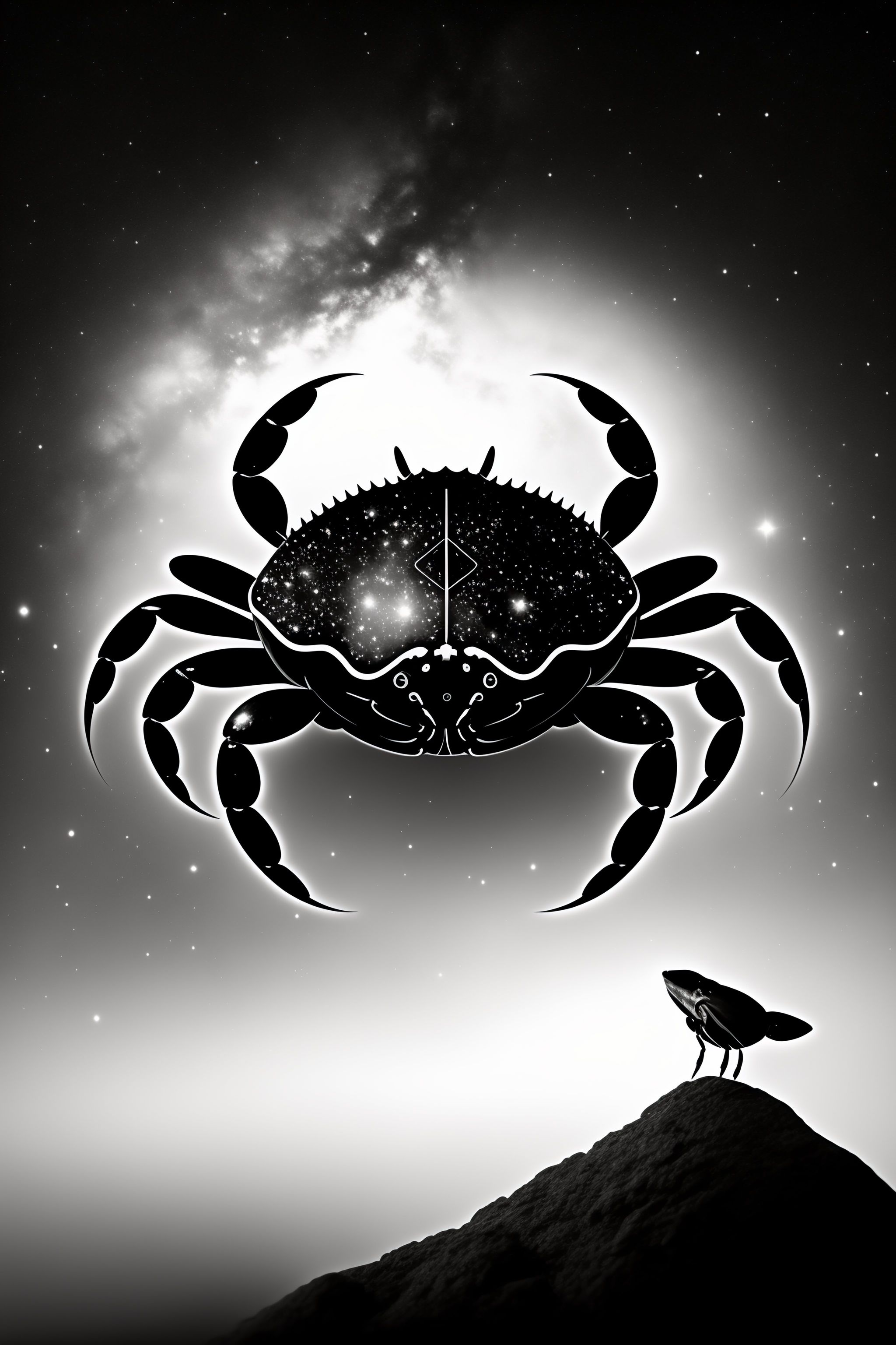 Lexica - Crab looks at the stars, black and white,logo
