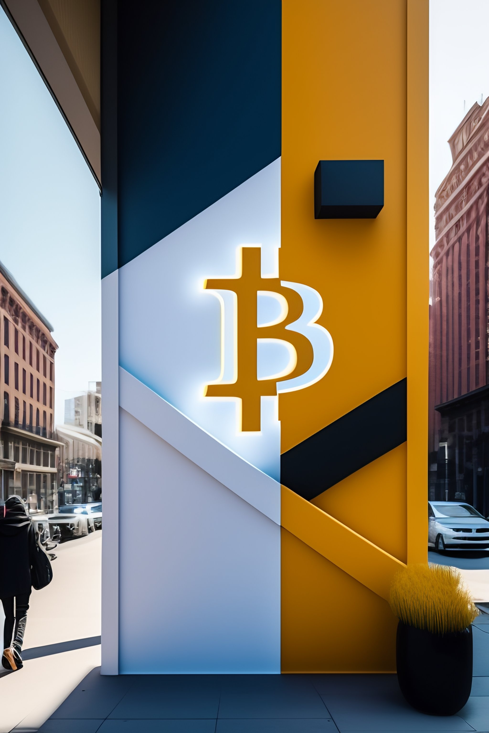 Lexica - Create a bitcoin logo on a white wall in a downtown city area ...