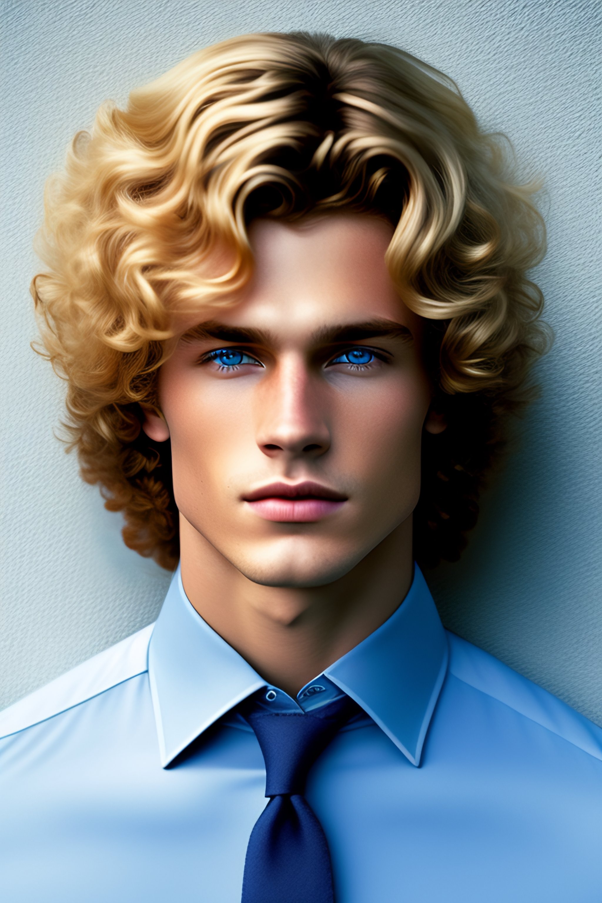 Lexica - Portrait waist-length guy curly short hair blond, Caucasian, blue  eyes