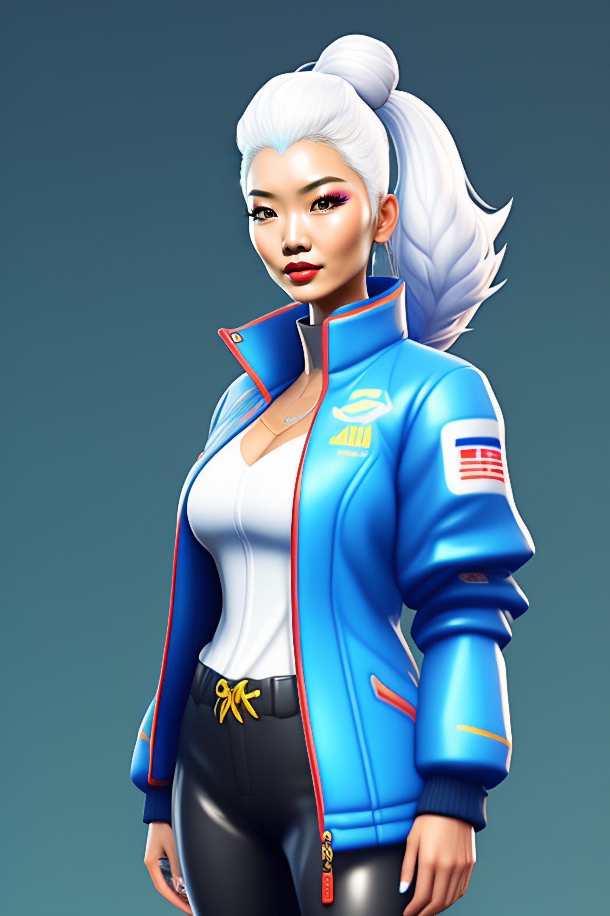 Lexica - White hair woman blue jacket Korean in the style of fortnite  cartoony