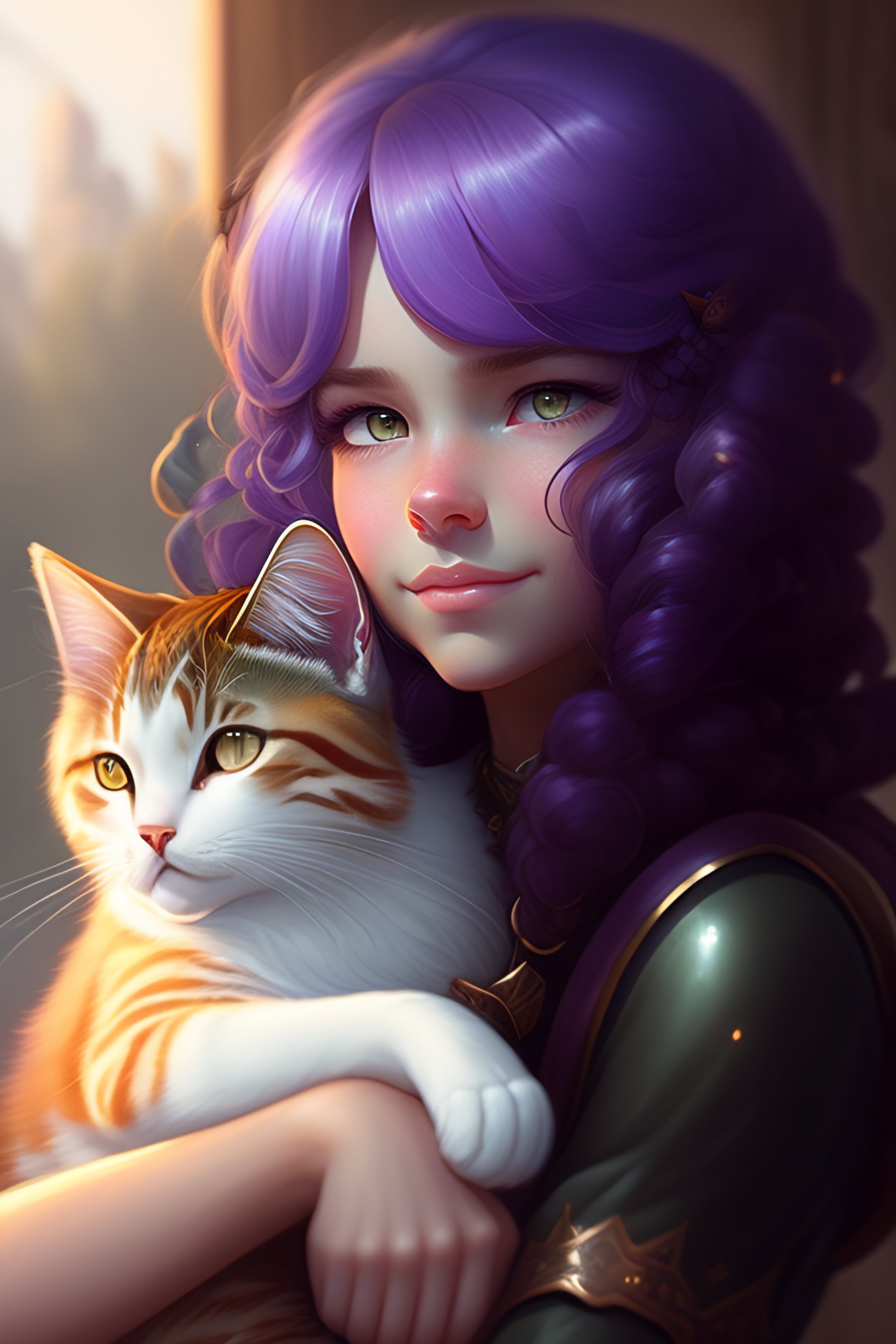 Lexica - A detailed portrait of a cute calm purple hair girl hugging a ...
