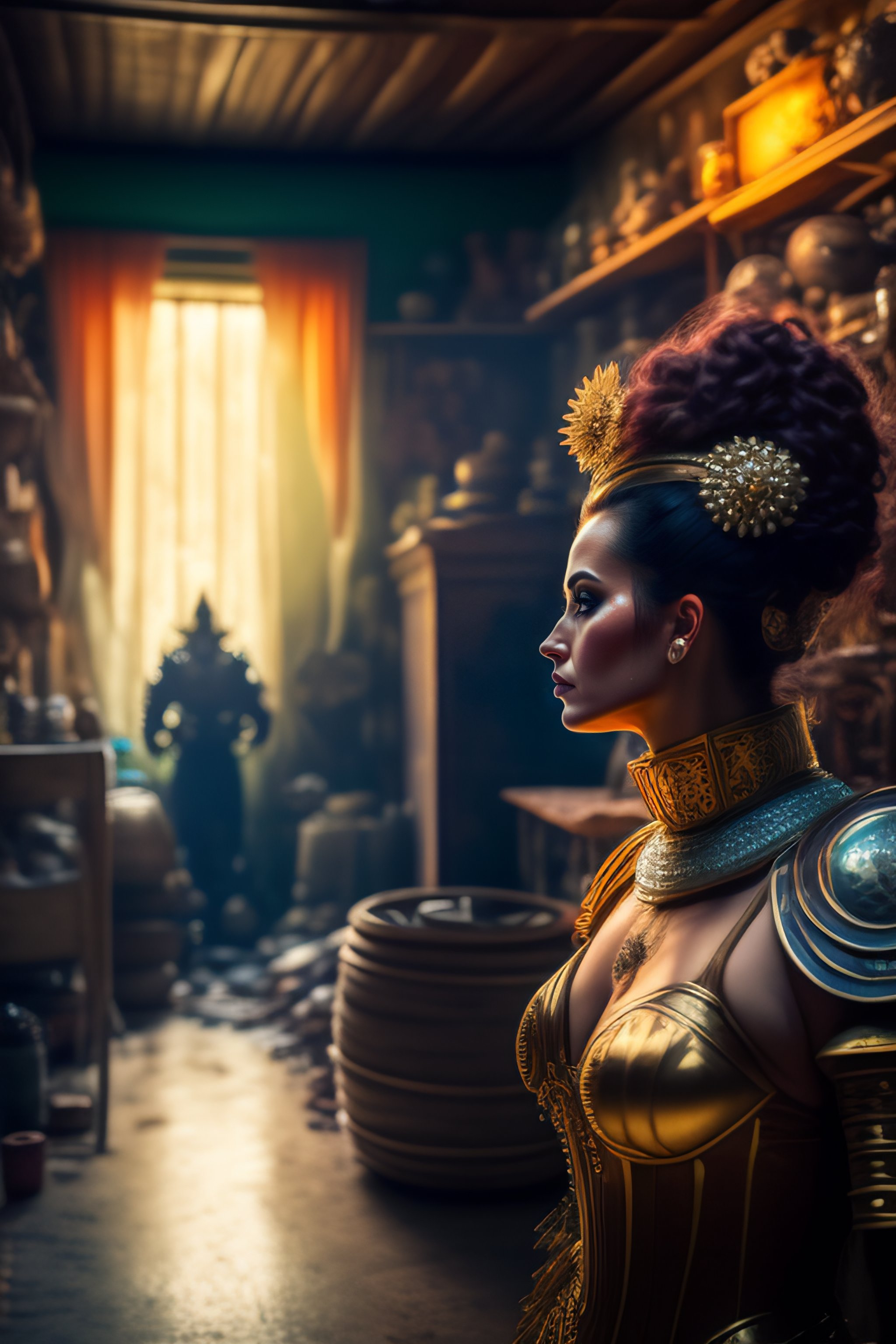 Lexica - Wide angle Environmental shot of evil Cyborg woman in a ...
