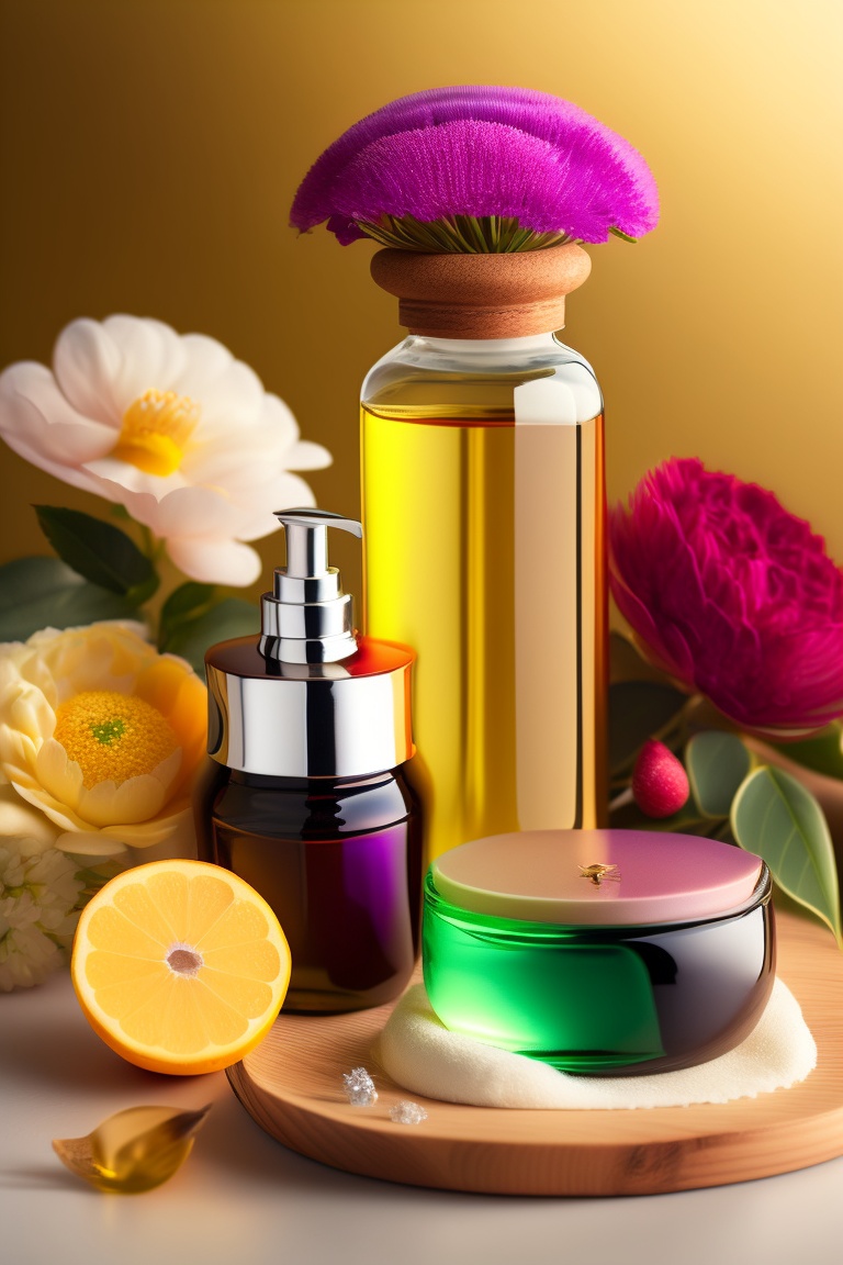 Lexica - Portrait of natural cosmetics, flowes, serum, cream, liquid ...