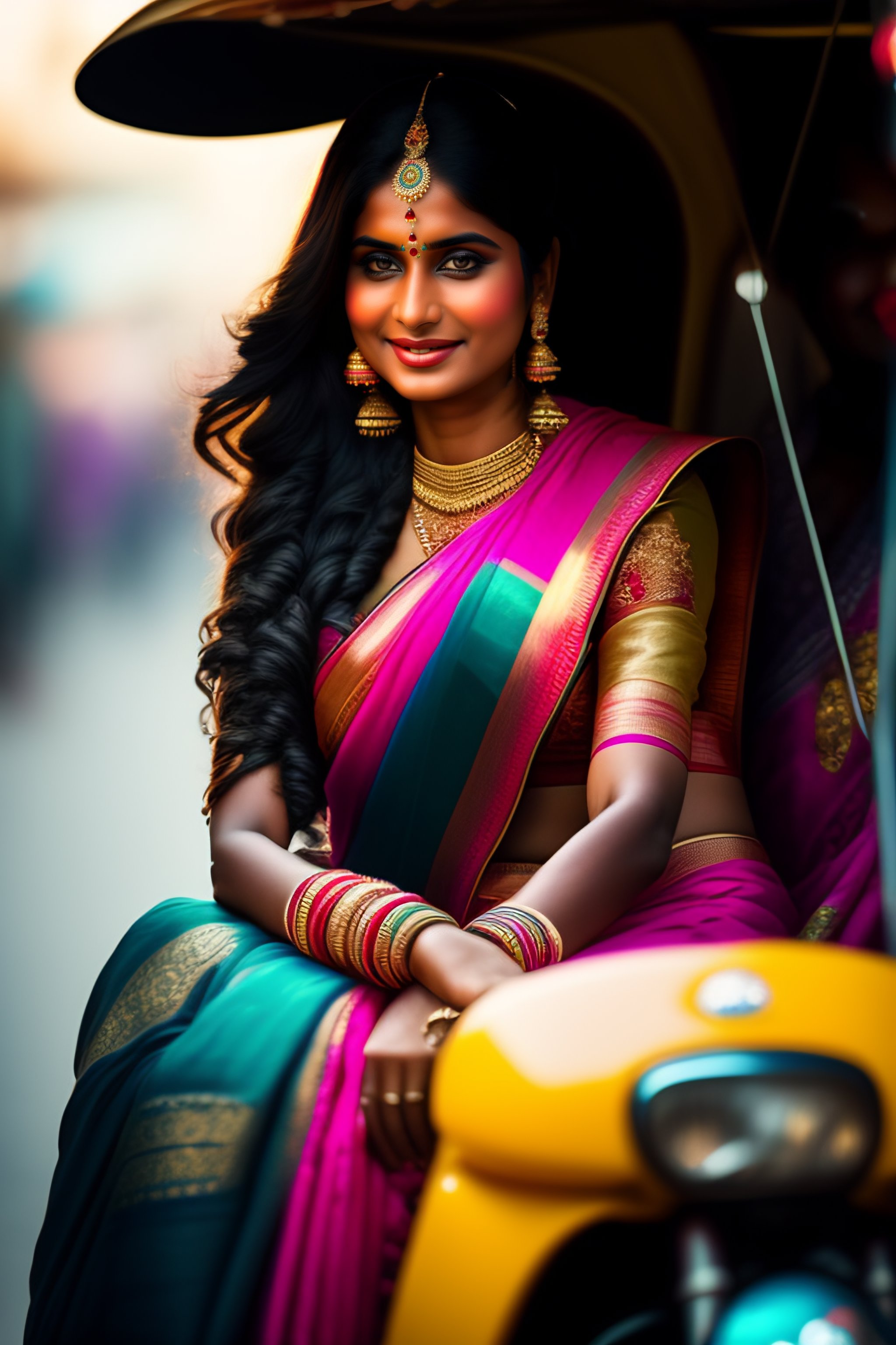 Lexica - Indian girl wearing saree,sitting on rickshaw