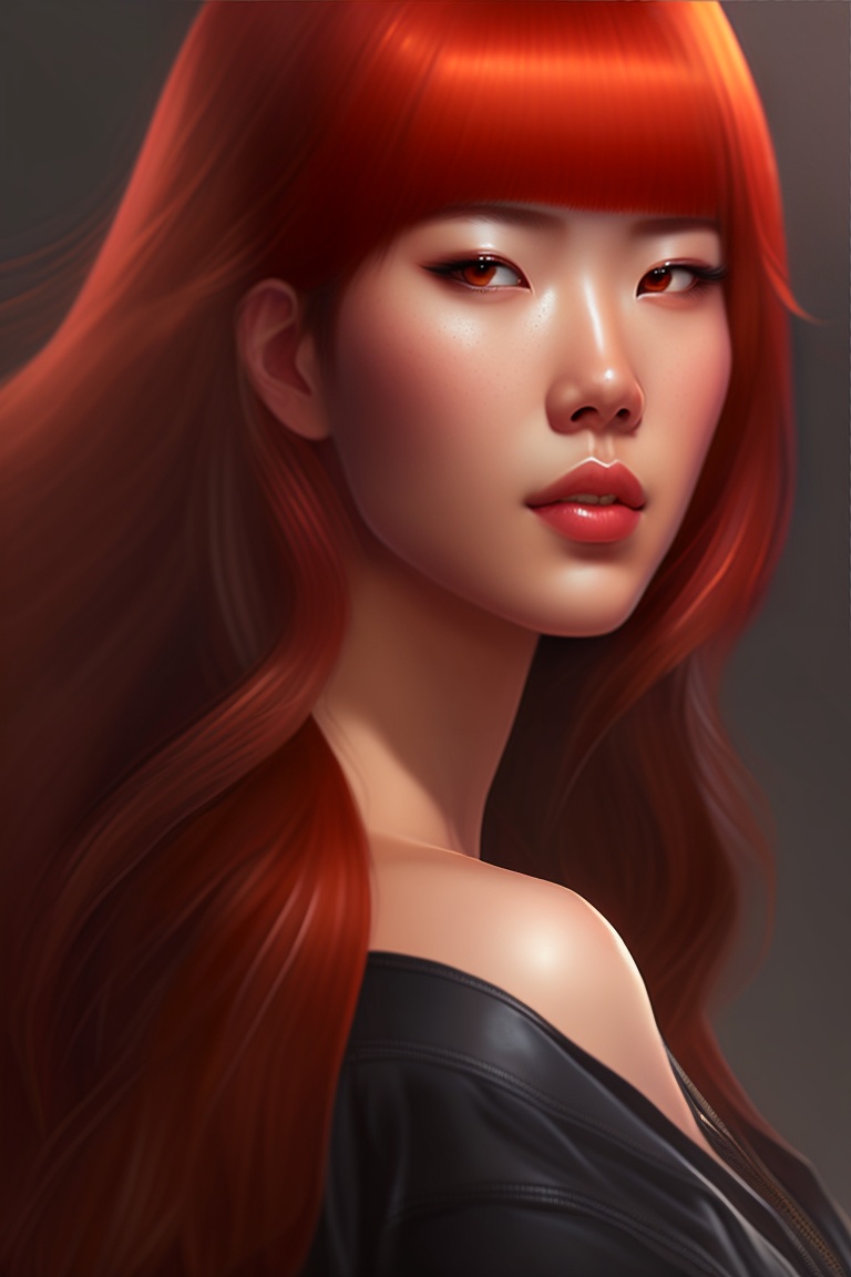 Lexica - Realistic art, beautiful woman, red hair, ginger hair, asian eyes,  monolids eyes, bangs, oval face, straight hair, brow eyes, black clothes,...