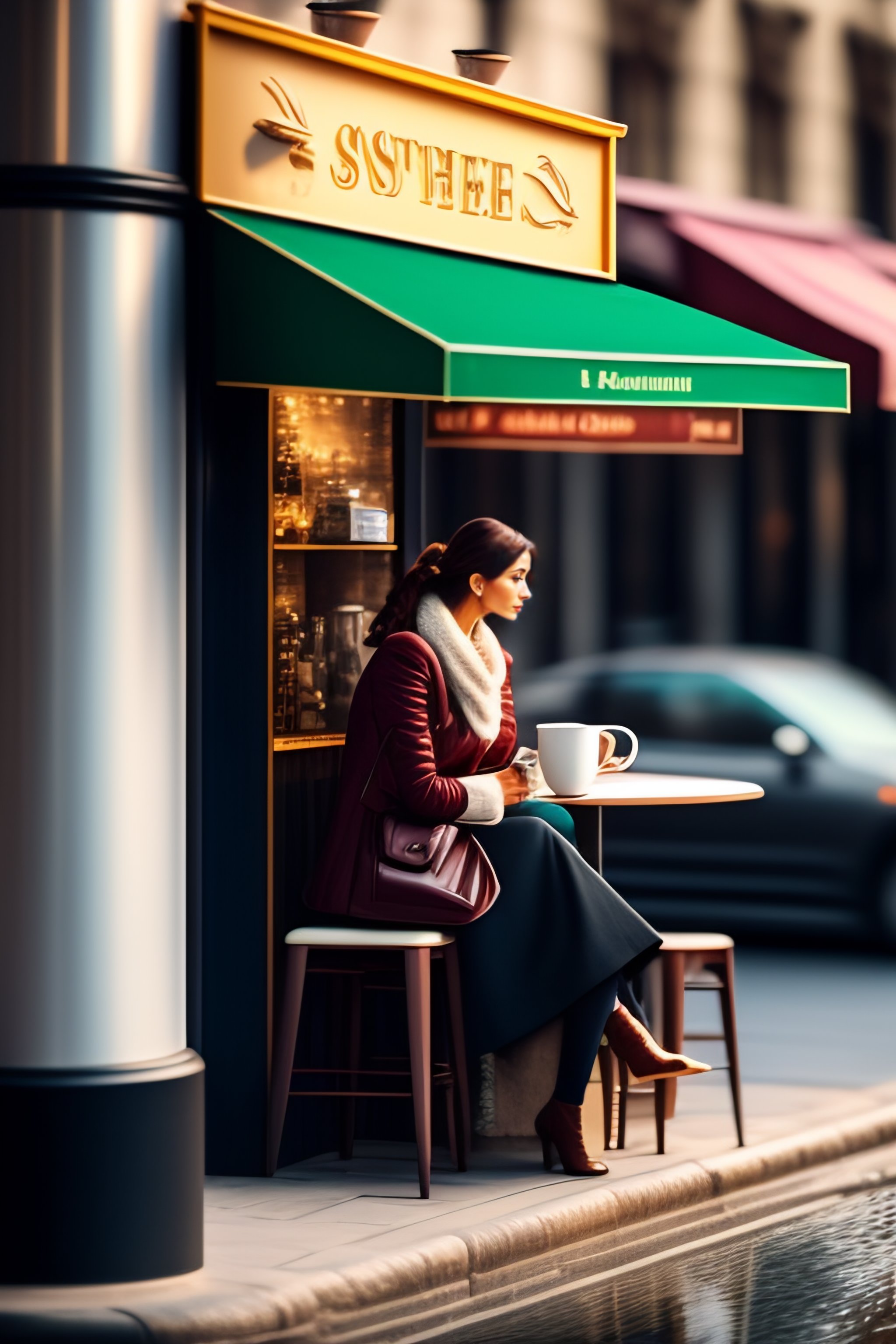 Lexica - European city street woman drinking coffee in side cafe