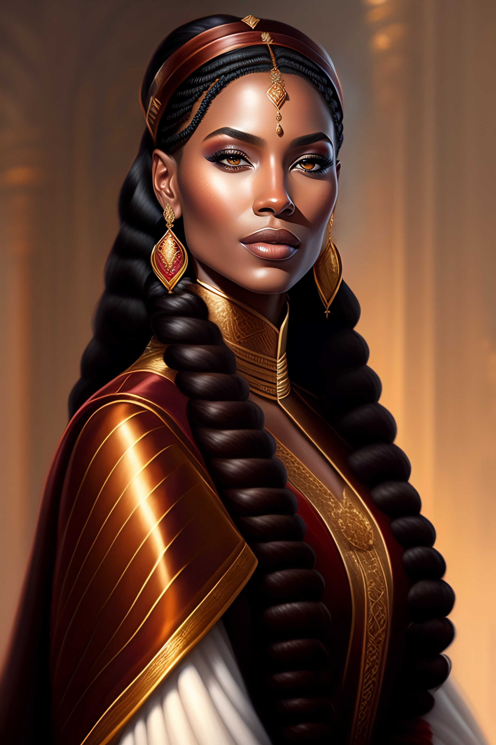 Lexica - Portrait of a queen with long marsala color braided hair ...