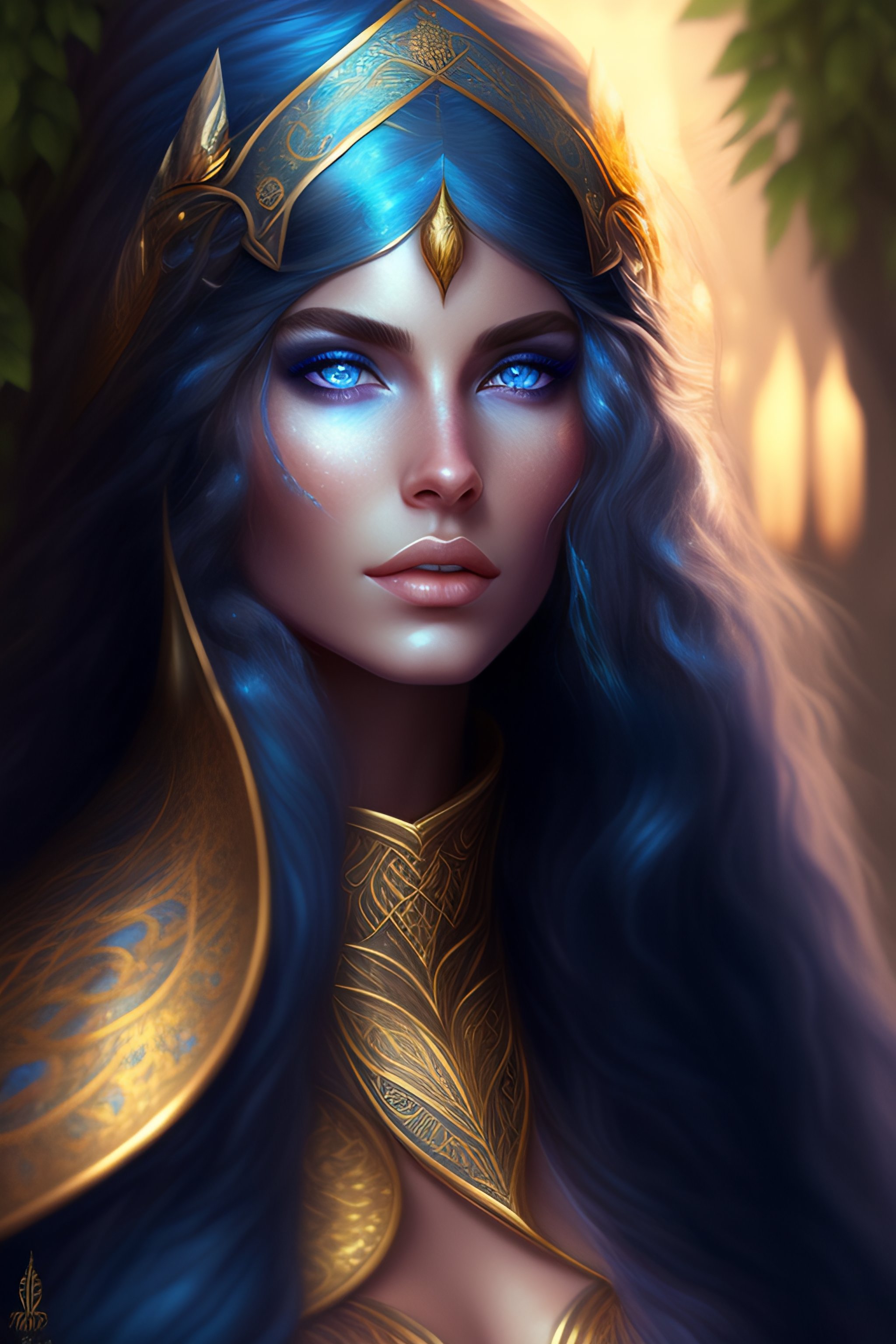 Lexica - A cute sorceress elven, blue long hair, golden eyes, in a ...