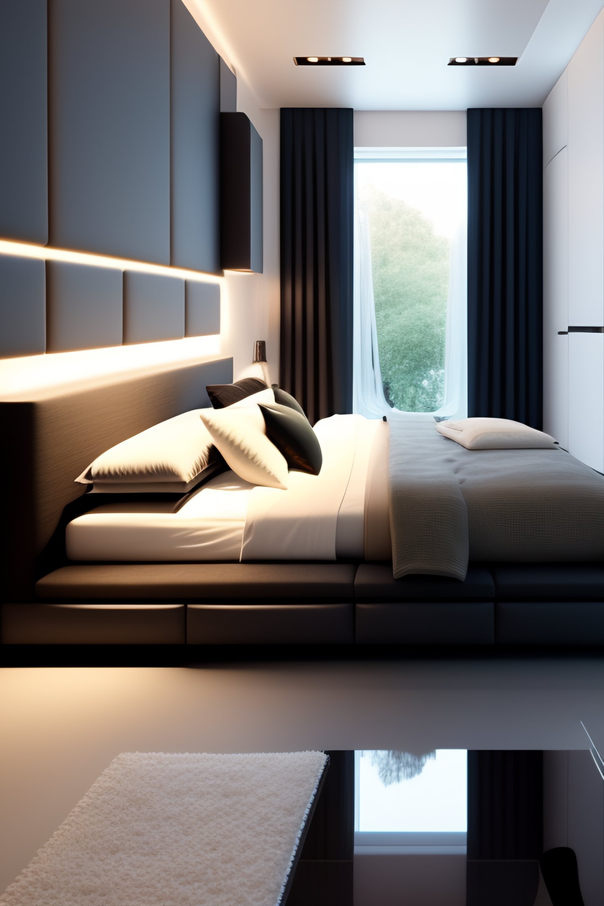 Lexica - A Minimal bedroom with glass wardrobes behind the bed