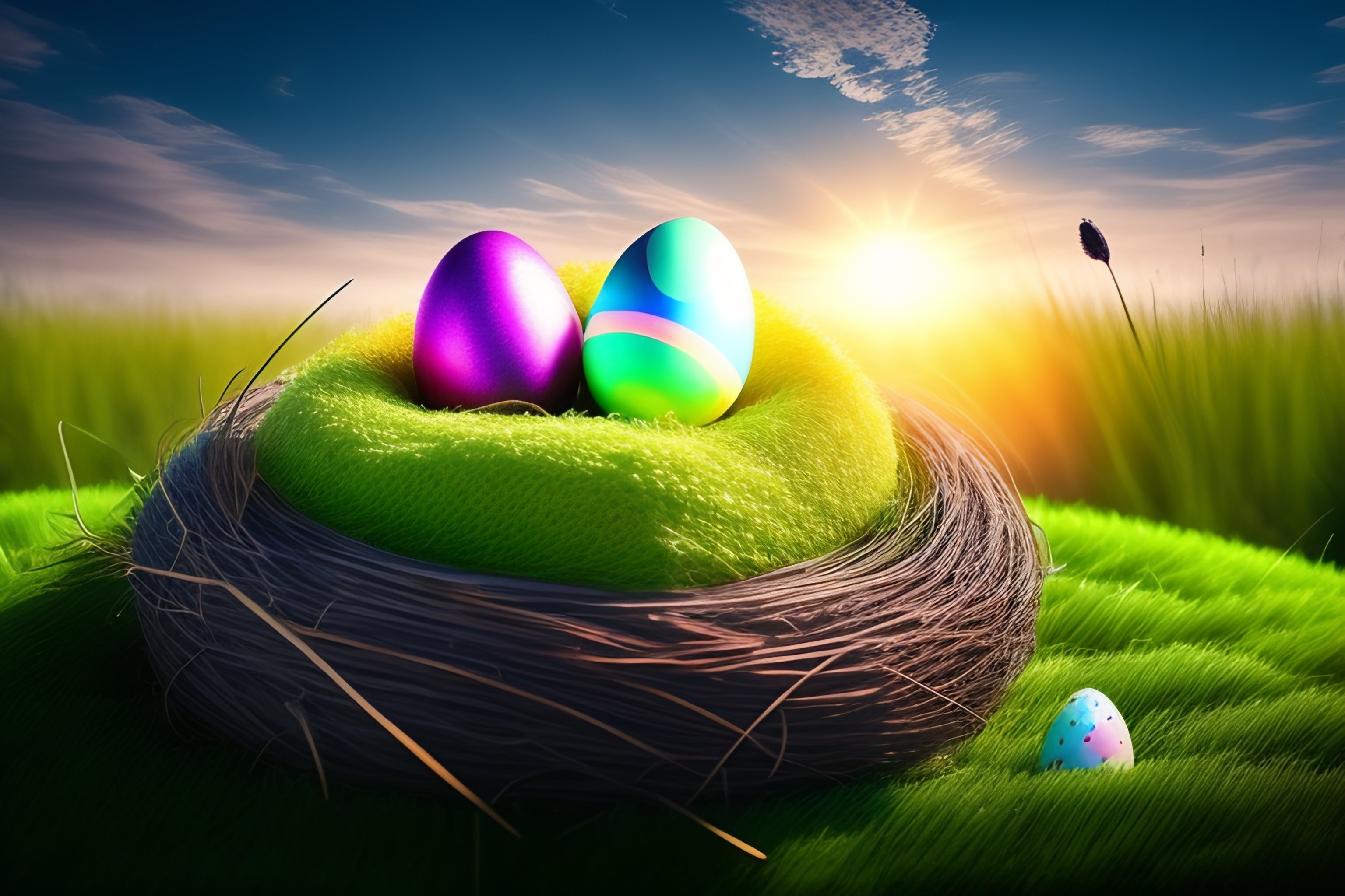 Lexica - Amazing photo if a nest with easter eggs in grass on a sunny ...
