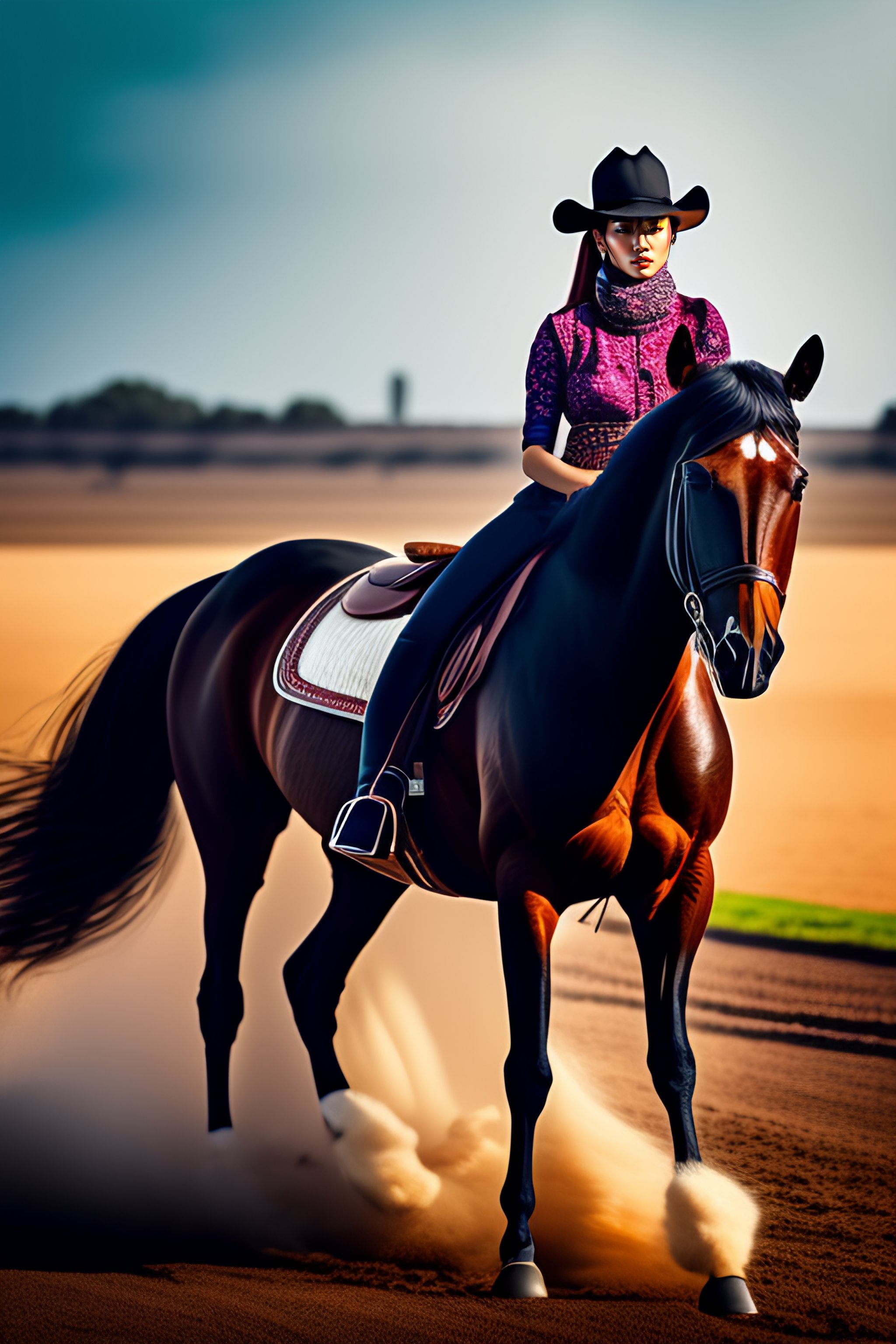 Lexica Lisa from blackpink riding horse, hot weather , 8k