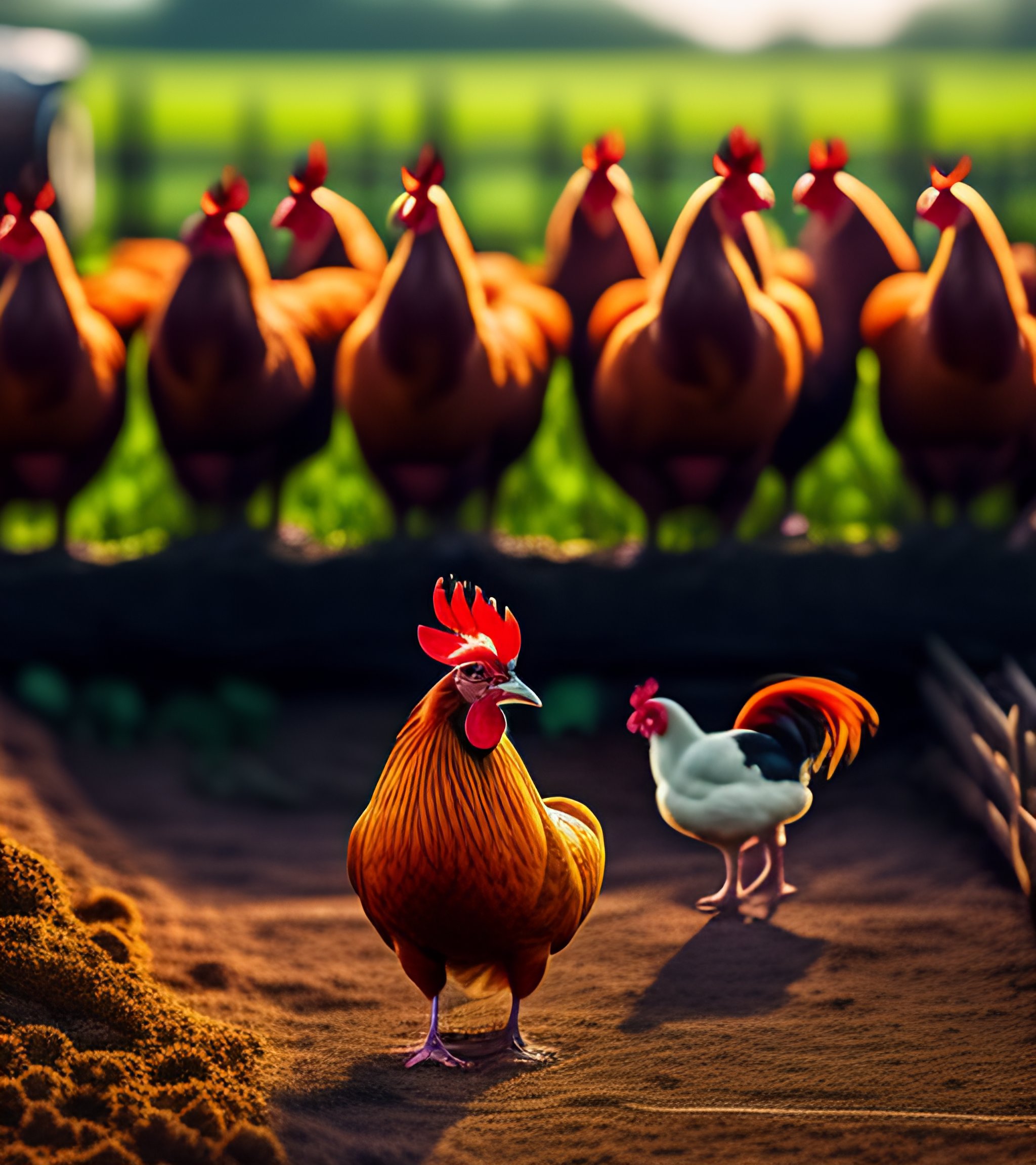 Lexica - 2. A rooster stands beside a group of chickens within a smart ...