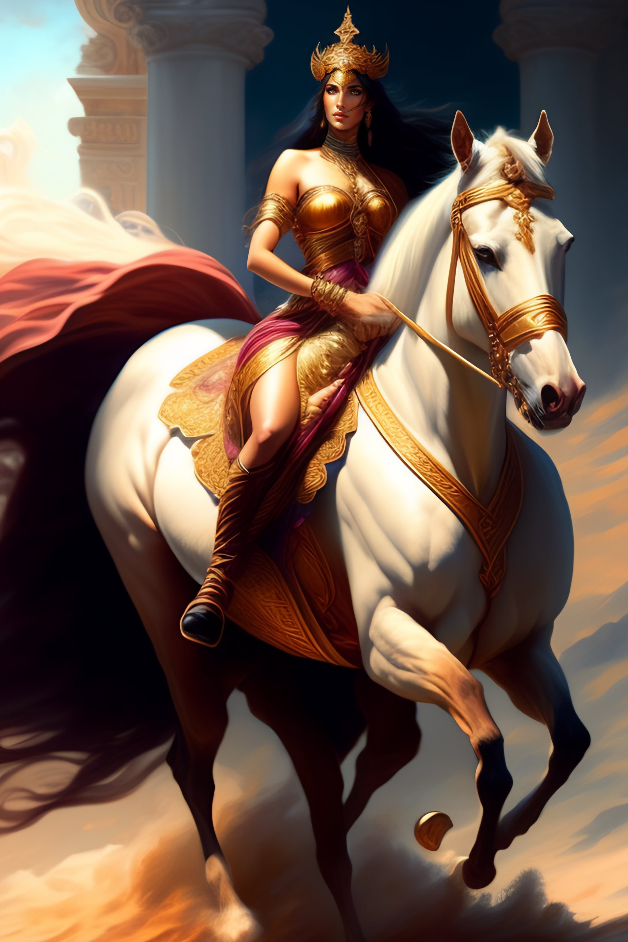 Lexica - Image of greek goddess riding horse, d & d, beautiful,  renaissance, fantasy, intricate, elegant, hindu, highly detailed, digital  painting, a...