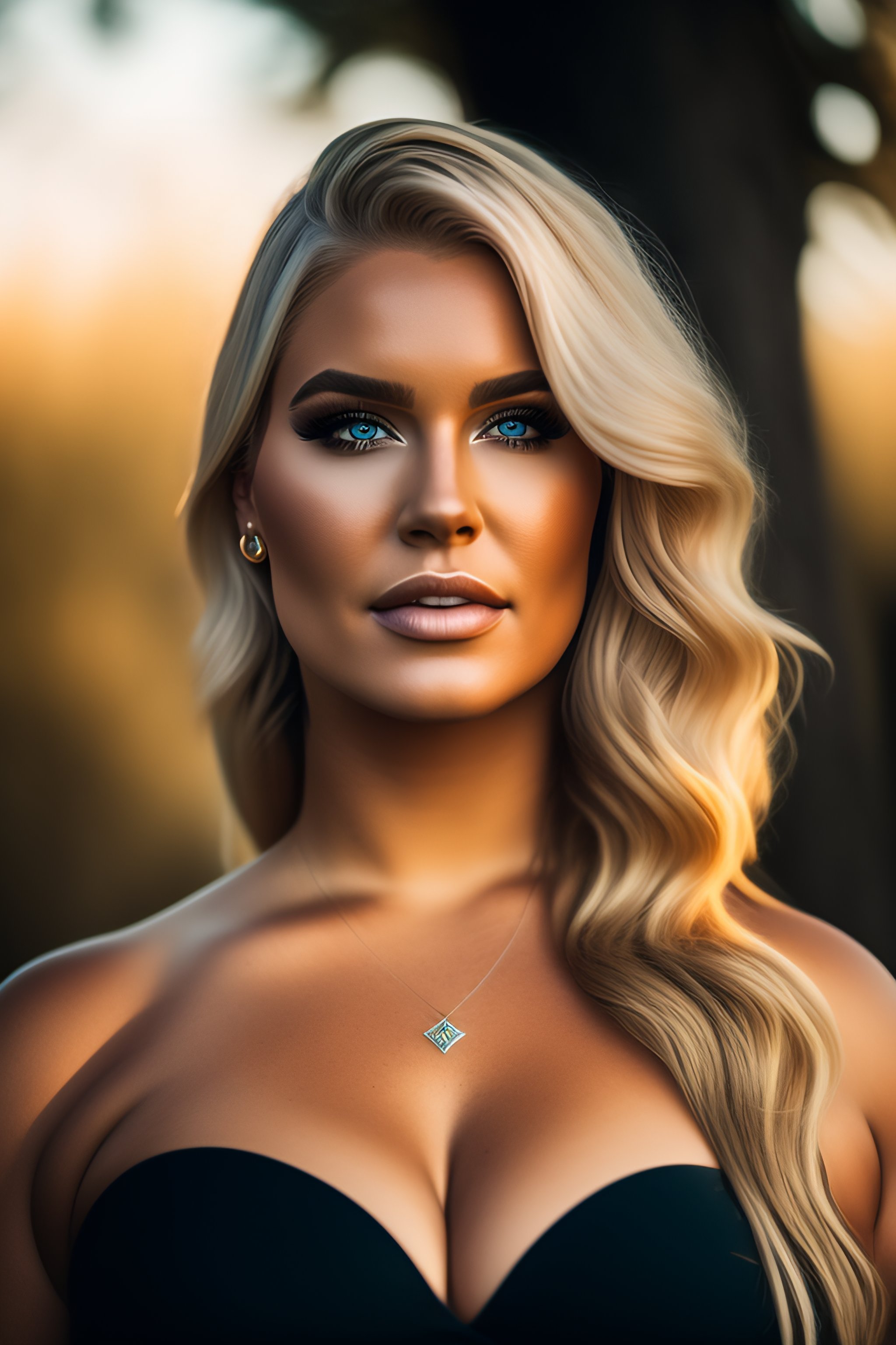 Lexica - Plus-sized Swedish model, blonde, makeup, eyeliner, wide hips,  pretty symmetrical face, outdoor, natural light, photograph, Canon 5D Mark  II