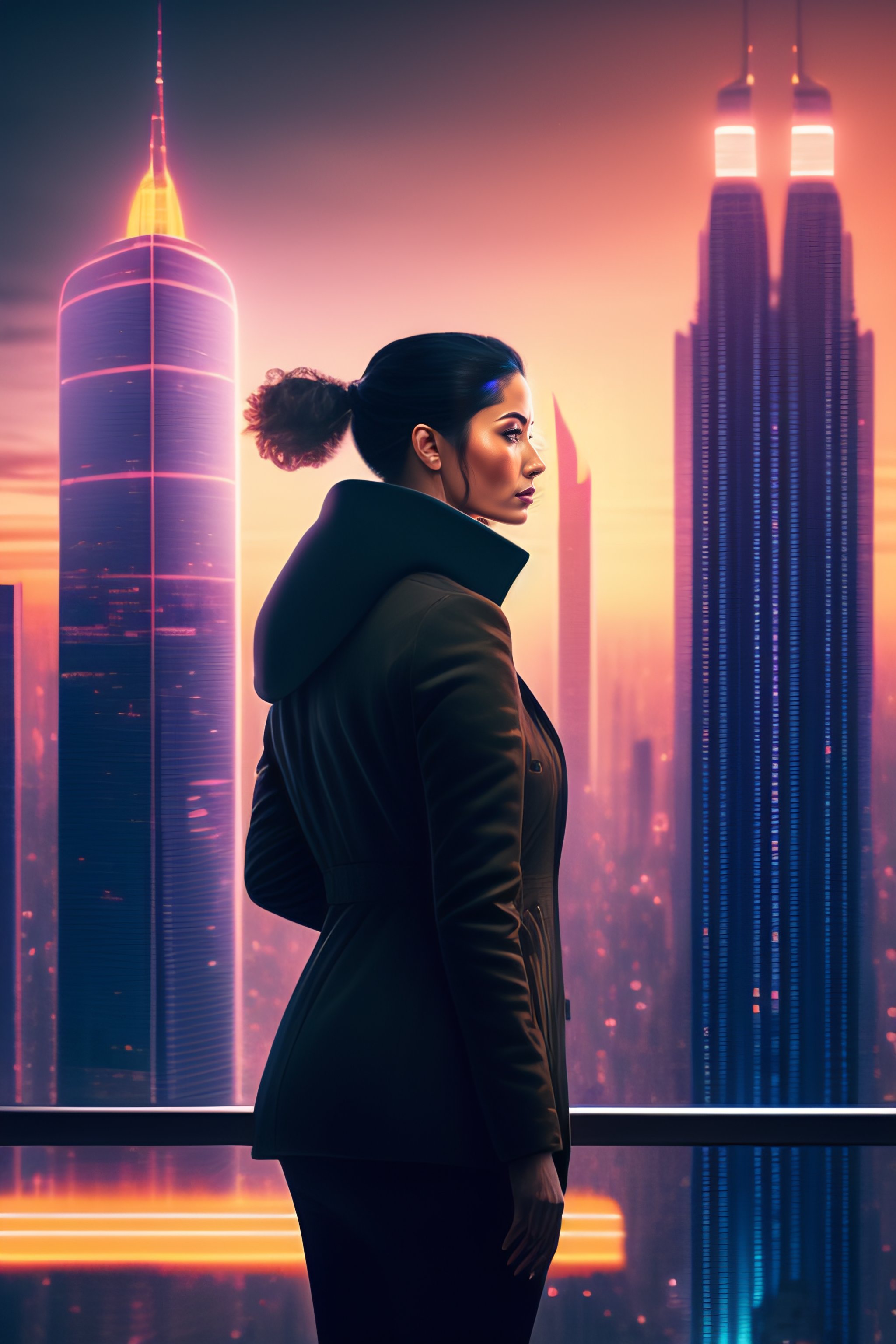 Lexica - In the portrait, woman stands atop a skyscraper, her fists ...
