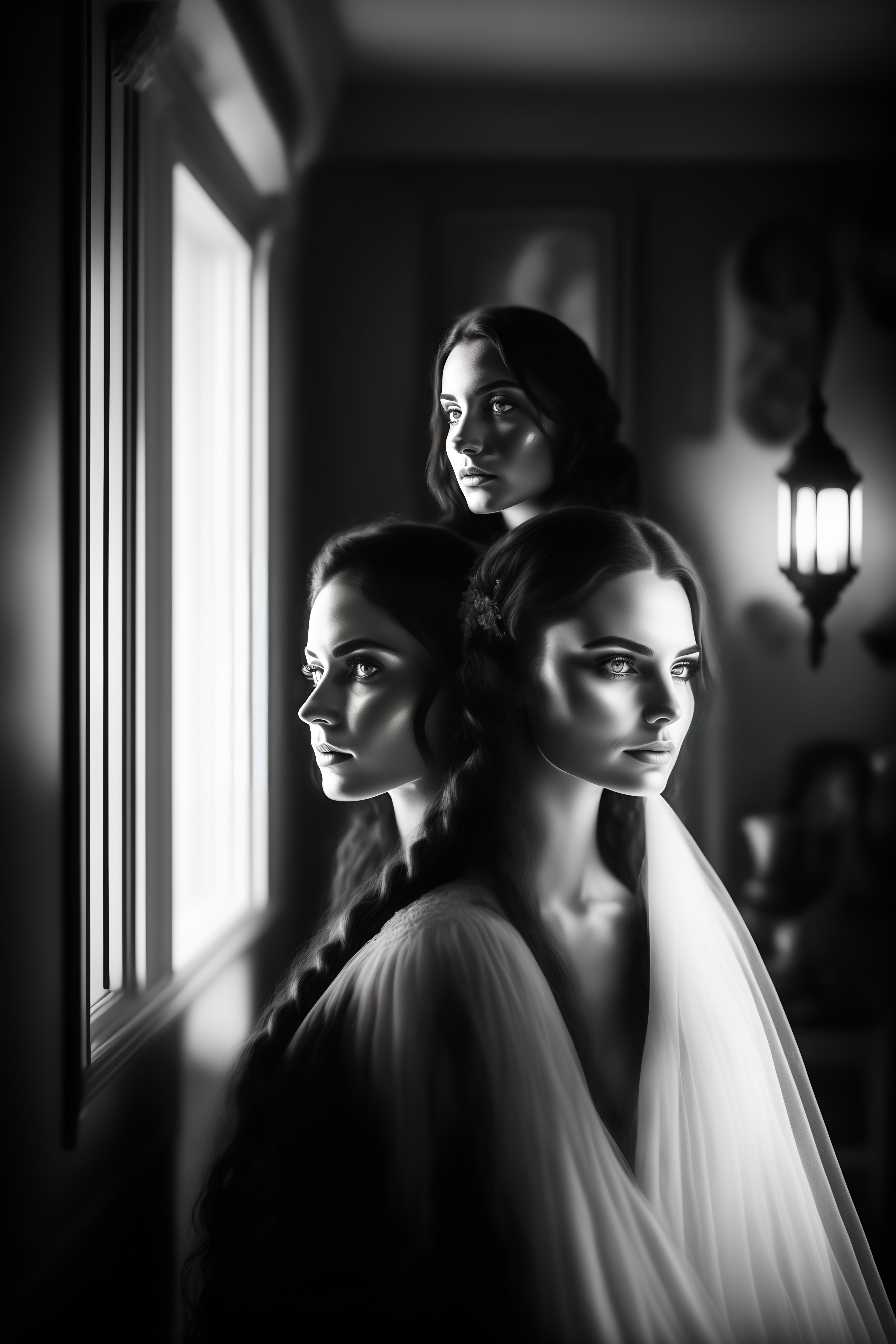 Lexica - Ghost and young woman in victorian house, black and white ...