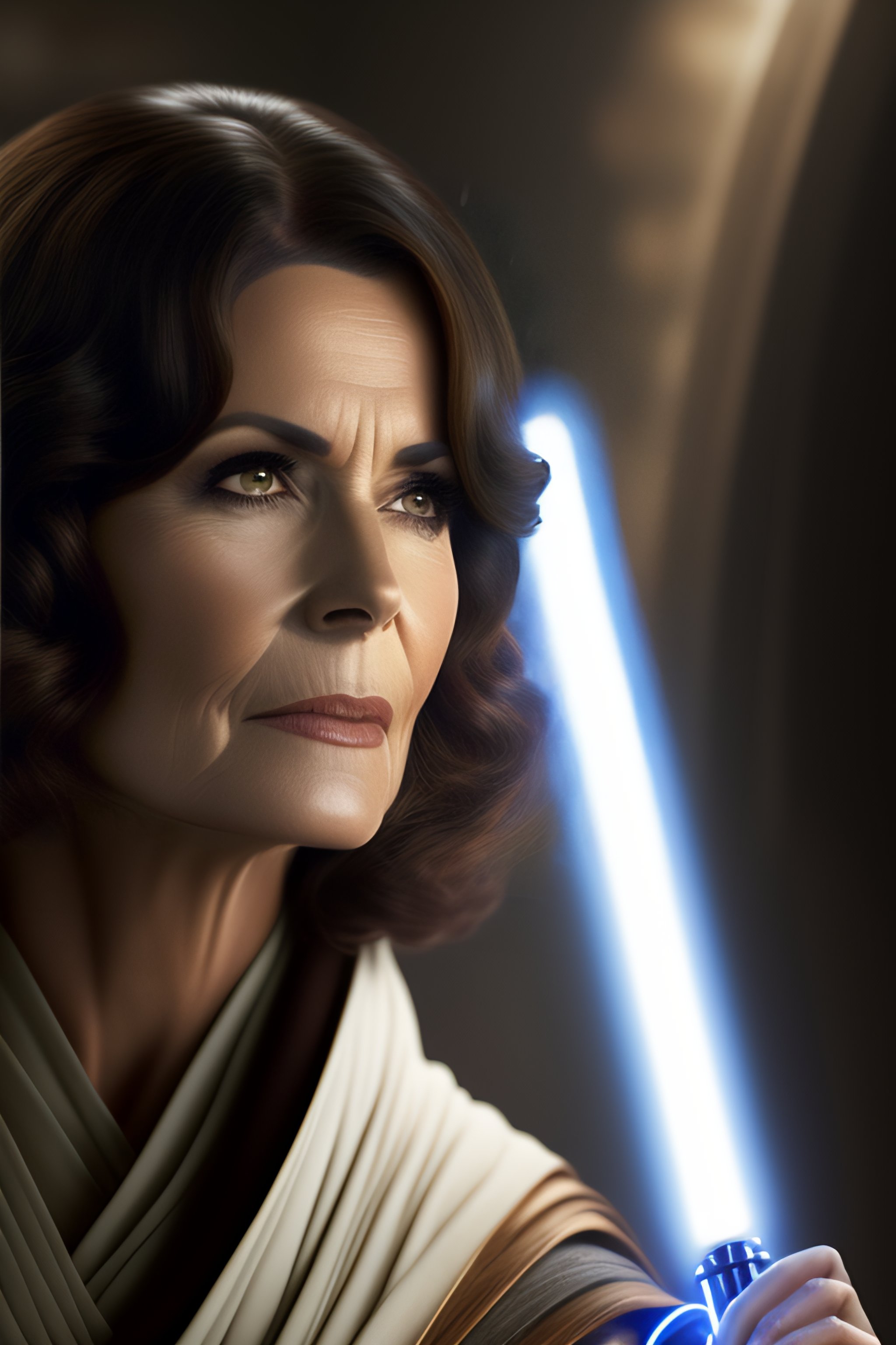 Lexica Star wars middle aged female jedi with a light saber dark hair