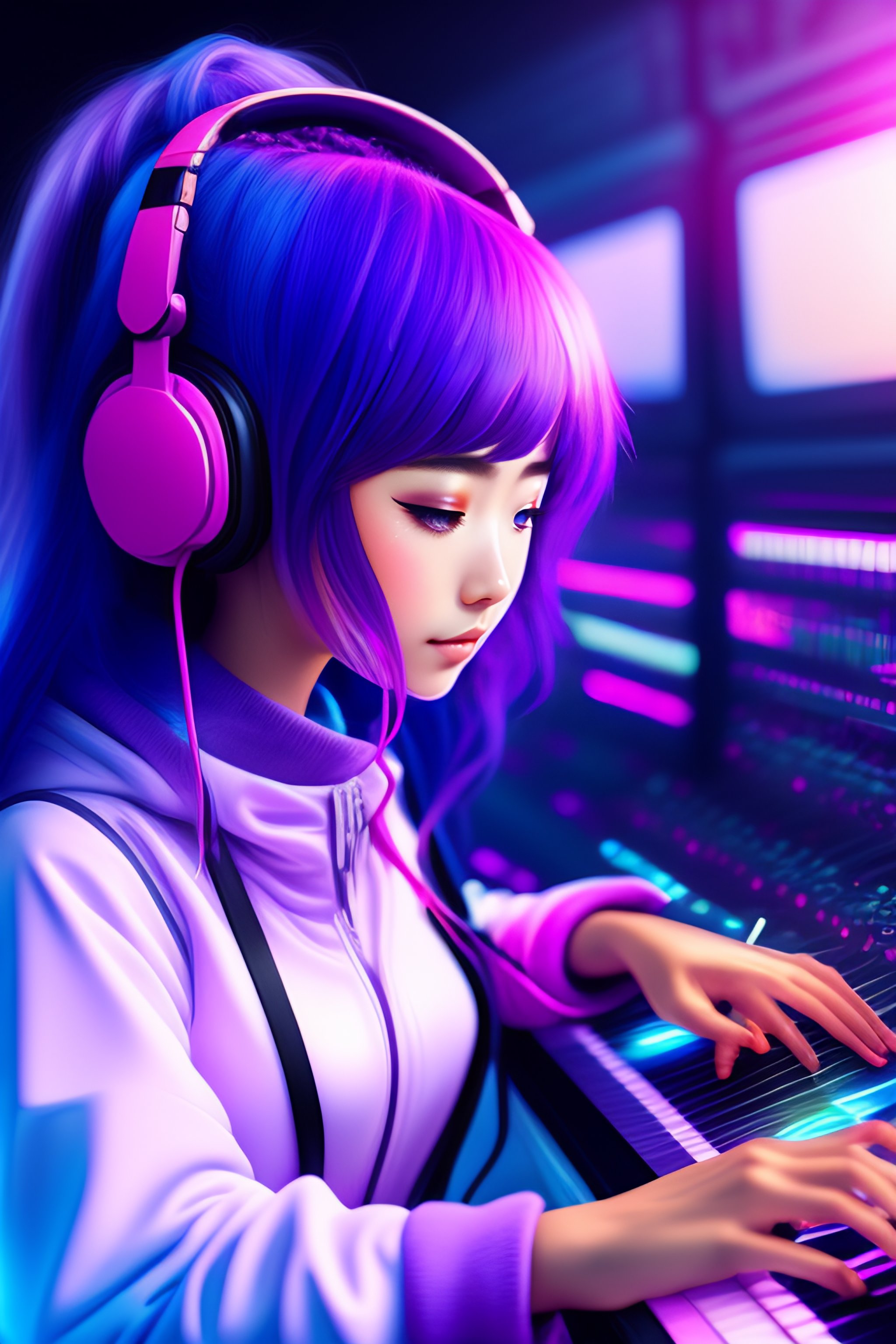 Lexica - Illustration of an anime girl making music with fl studio wearing  purple pink and light blue colors