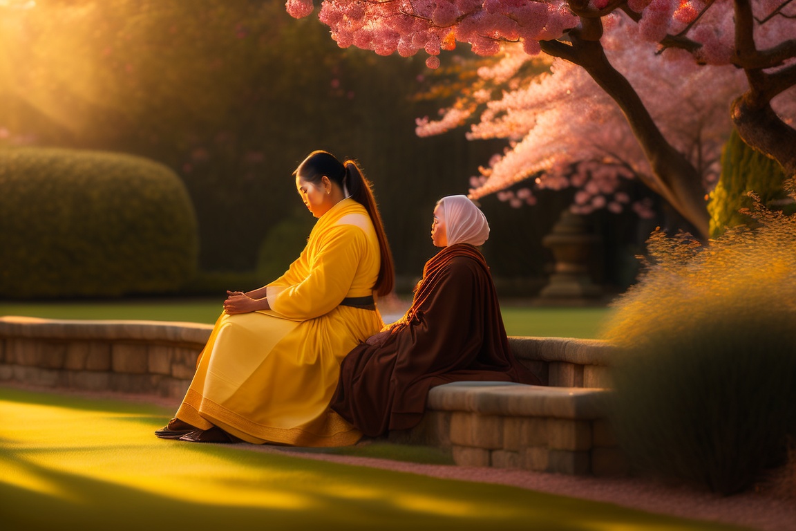 Lexica - A serene garden bathed in golden sunlight, with a woman ...