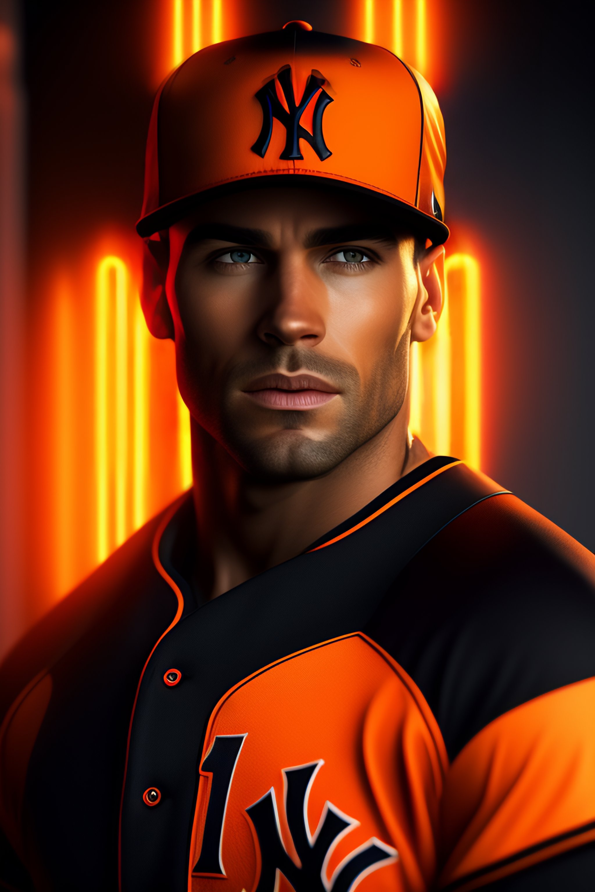 Lexica - Black and whithe New York Yankees uniform with BLACK AND ORANGE  DOUBLE STRIPES, unreal engine, cozy indoor lighting, artstation, detailed,  c