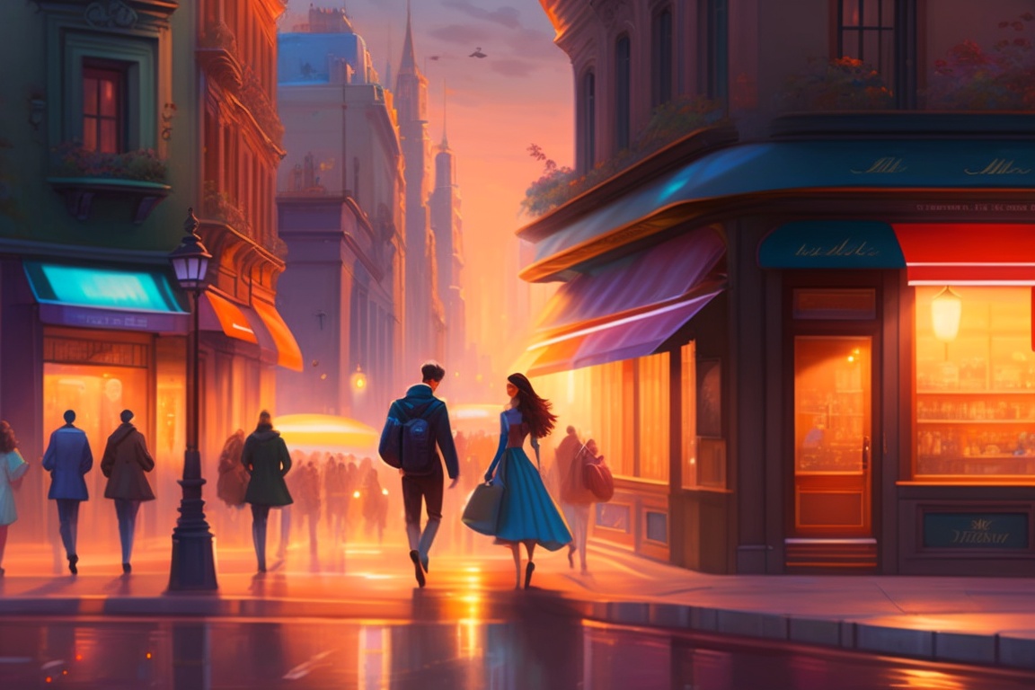 Lexica - A bustling city street at dawn, drenched in the soft hues of ...