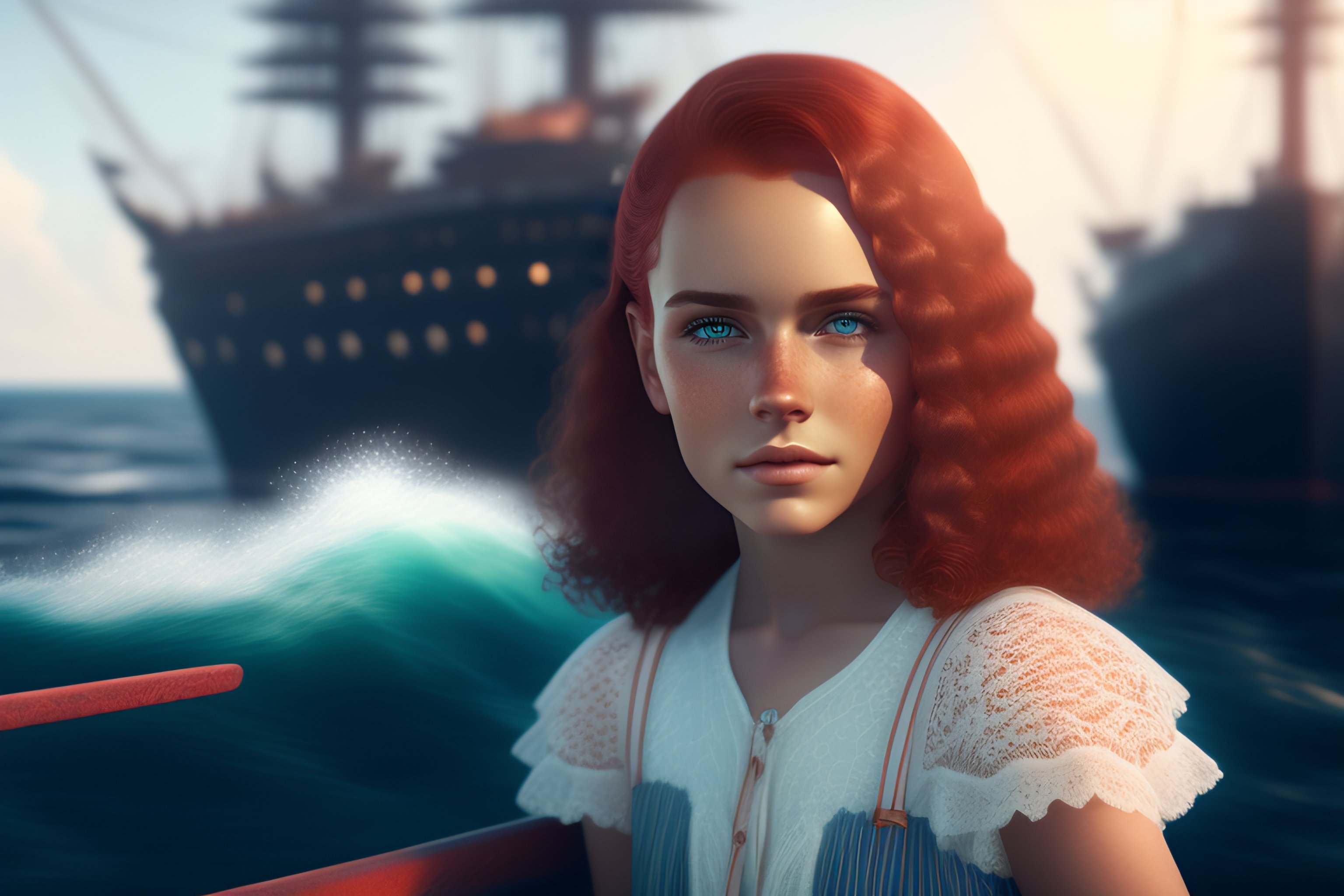 Lexica - Young girl in a white lace shirt on the deck of an old ship ...