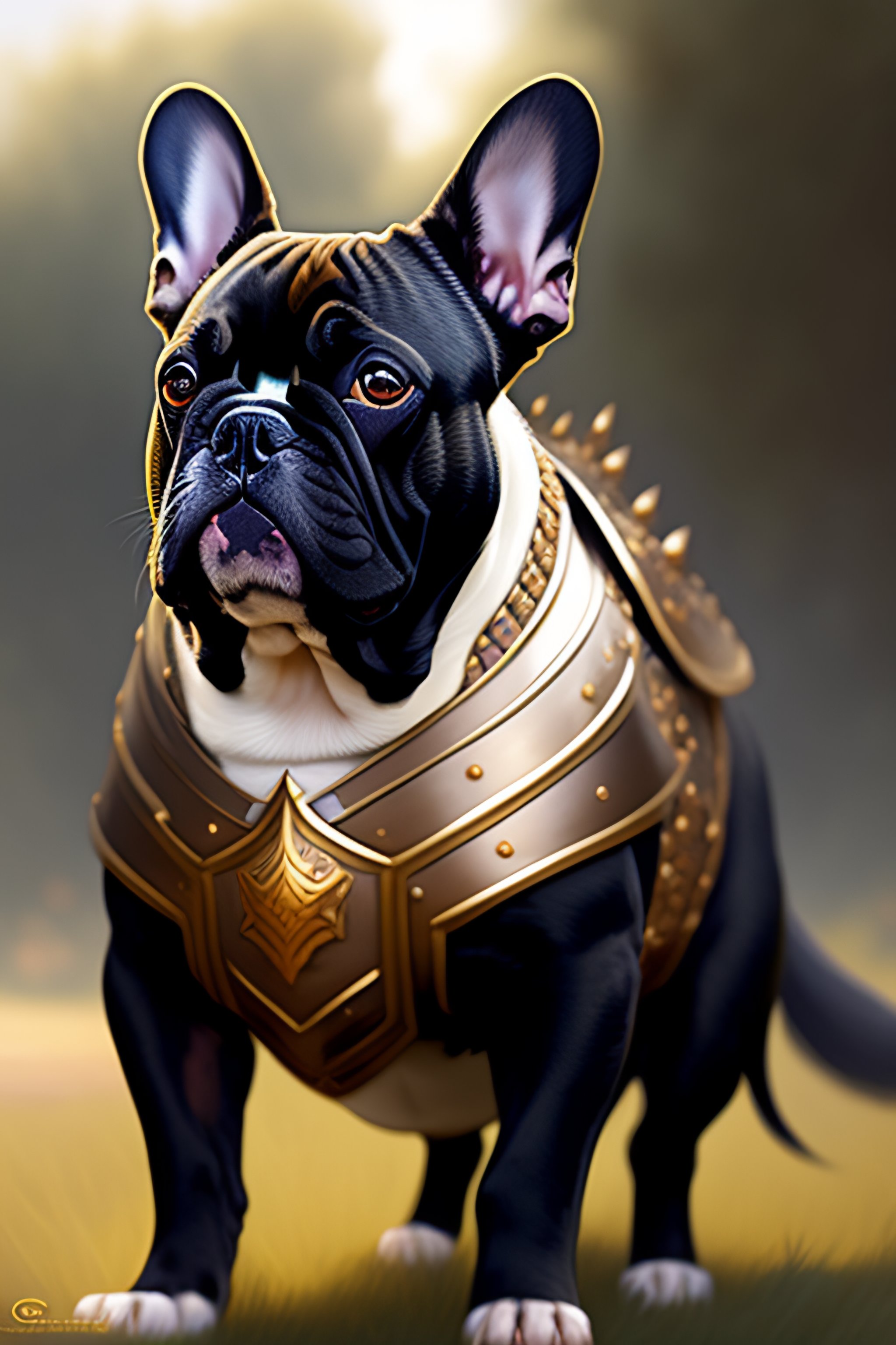 Lexica - A detailed portrait of french bulldog in armor with long sword