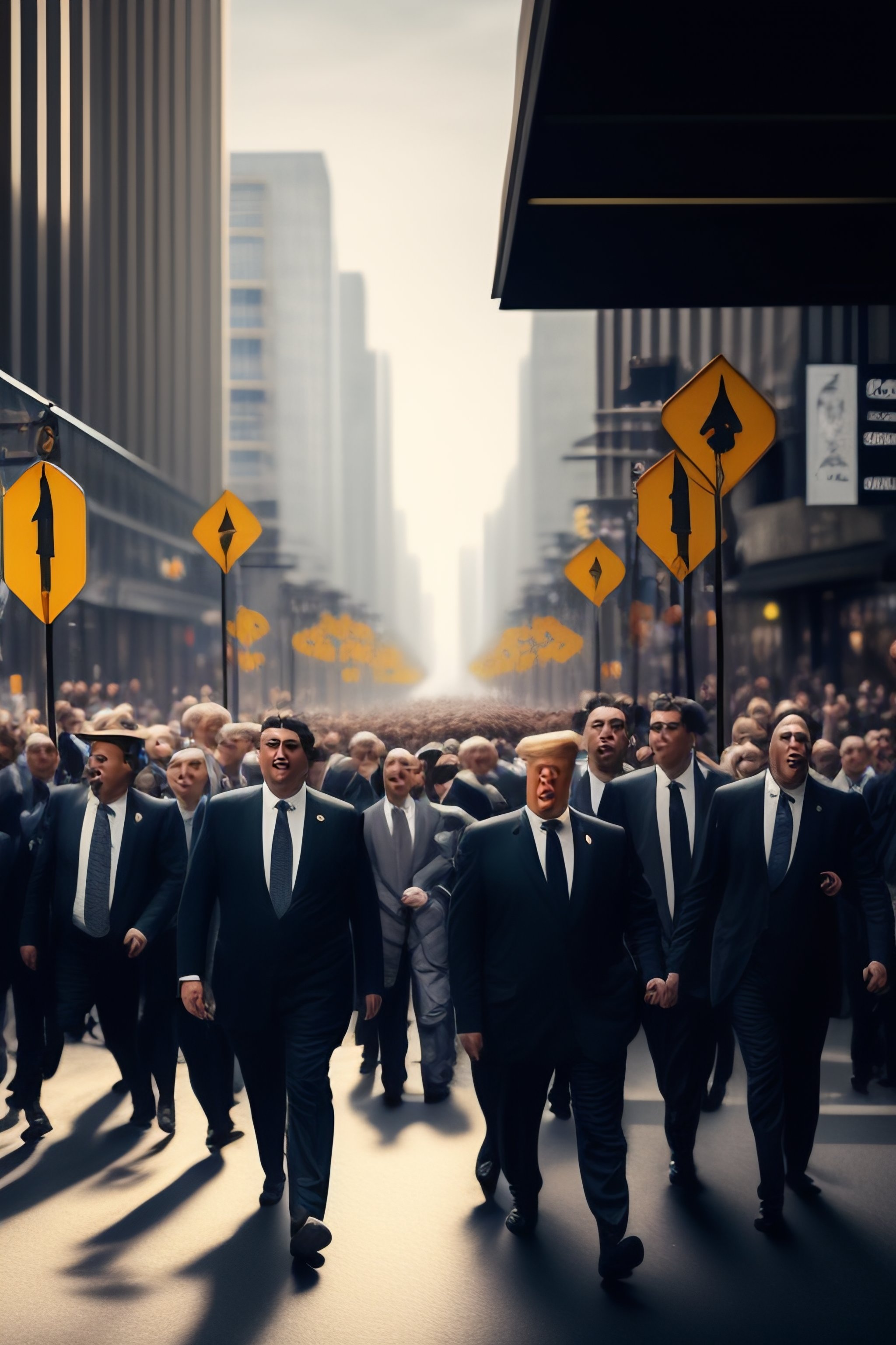 Lexica A mob holding up pitchforks walk a city street