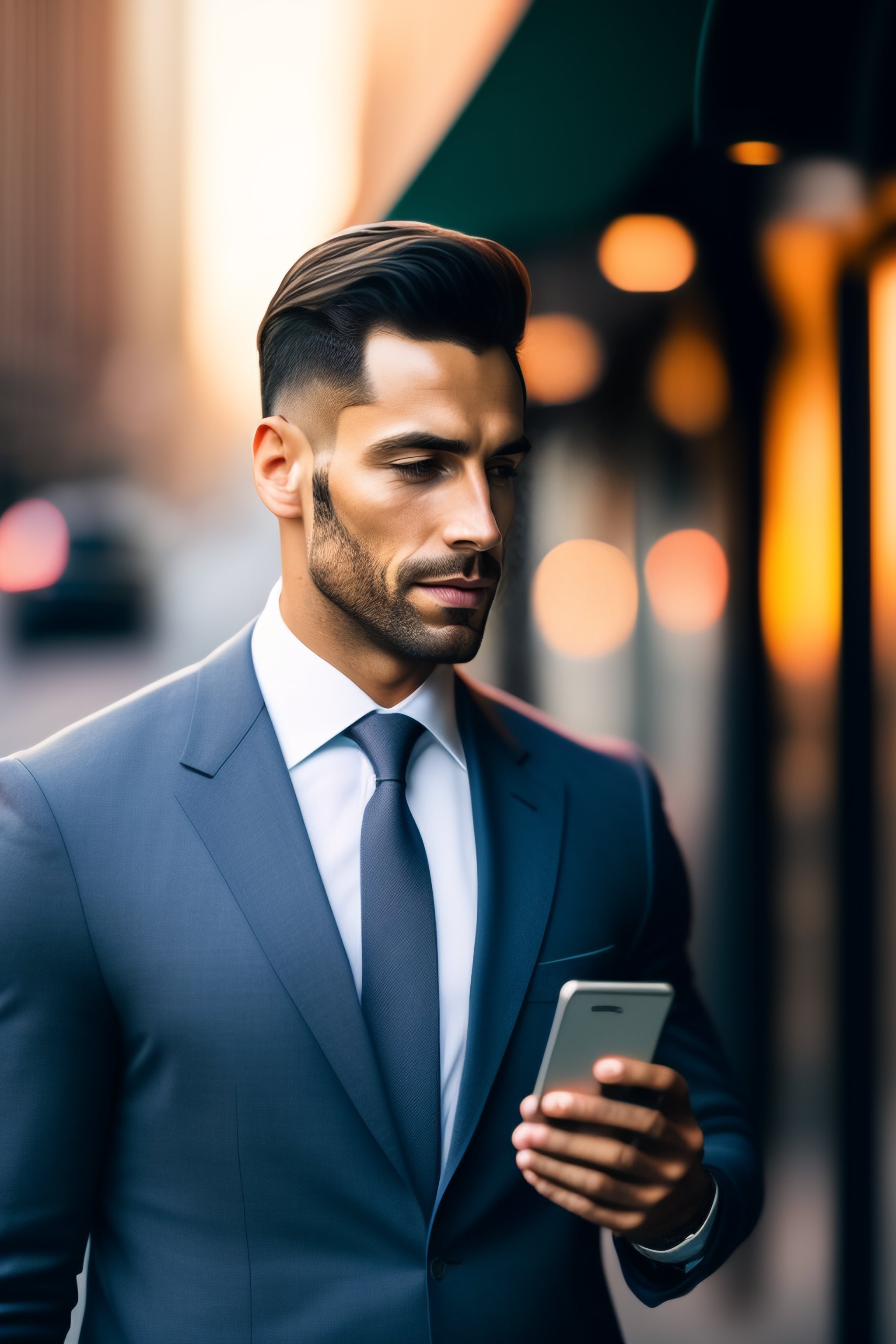 Lexica - Portrait of a business man on the street with a smartphone ...