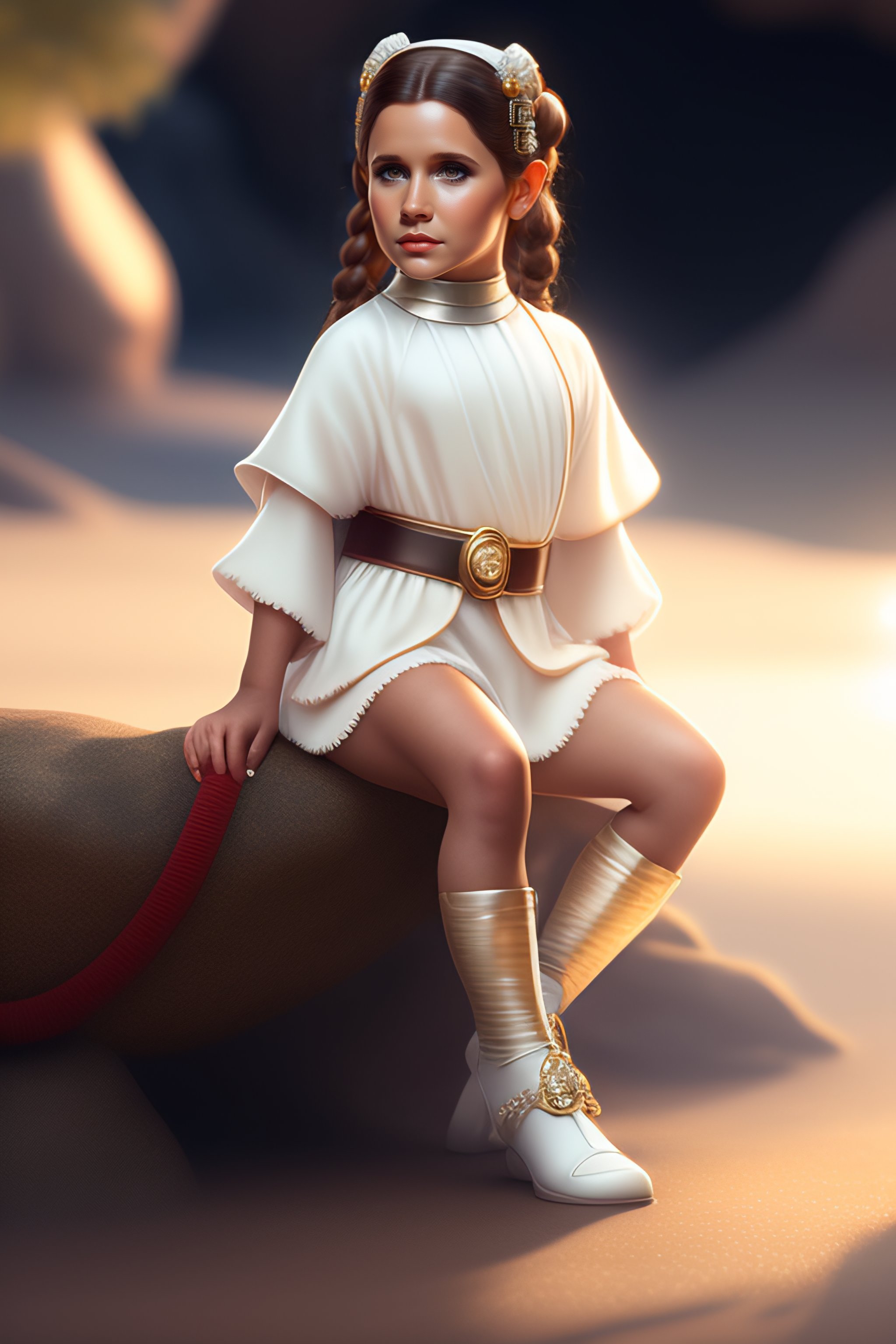 Lexica - Mini bikini, dug, sitting on a stick, full length, legs, feet,  young Carrie Fisher as Princess Leia, anatomy, bathed in light, highly  detail...