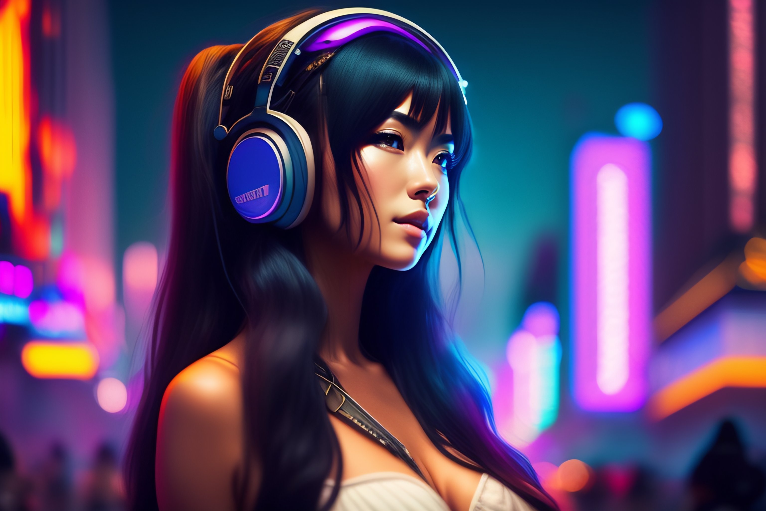 Lexica - Anime woman listen techno music in a dystopic city in the night