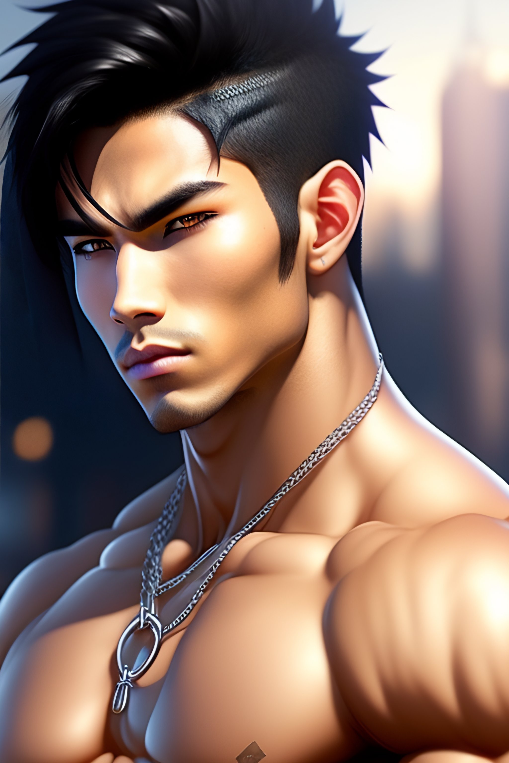 Lexica - Muscle , perfect , proportioned ,, Anime Young Guy, with black  hair, white skin, 8k, anime style, bold, lots of different piercings, a  litt