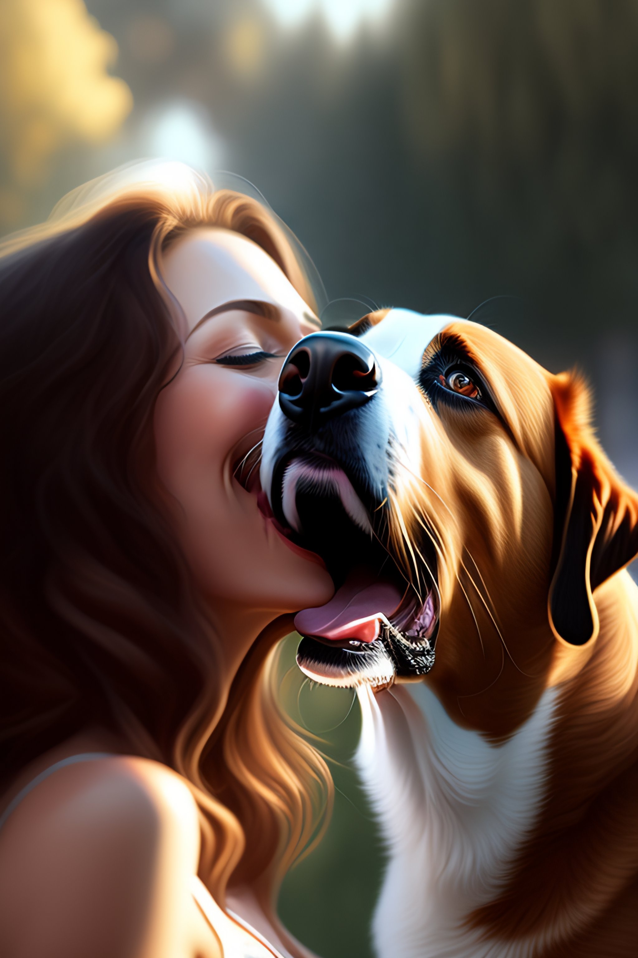 Lexica A detailed picture of a dog licking a cute calm girl, licking