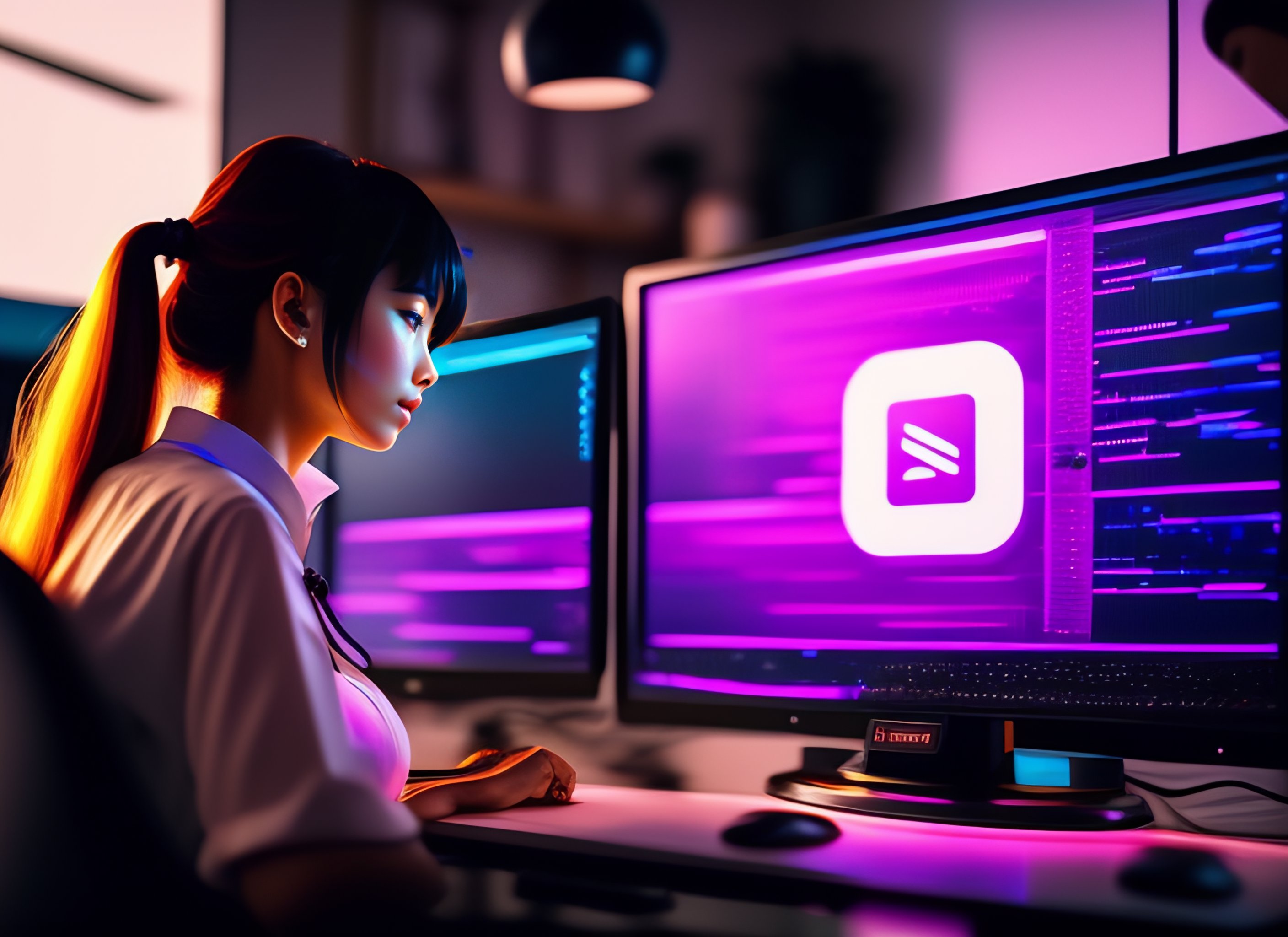 Lexica - Adult anime girl programming at a computer lofi