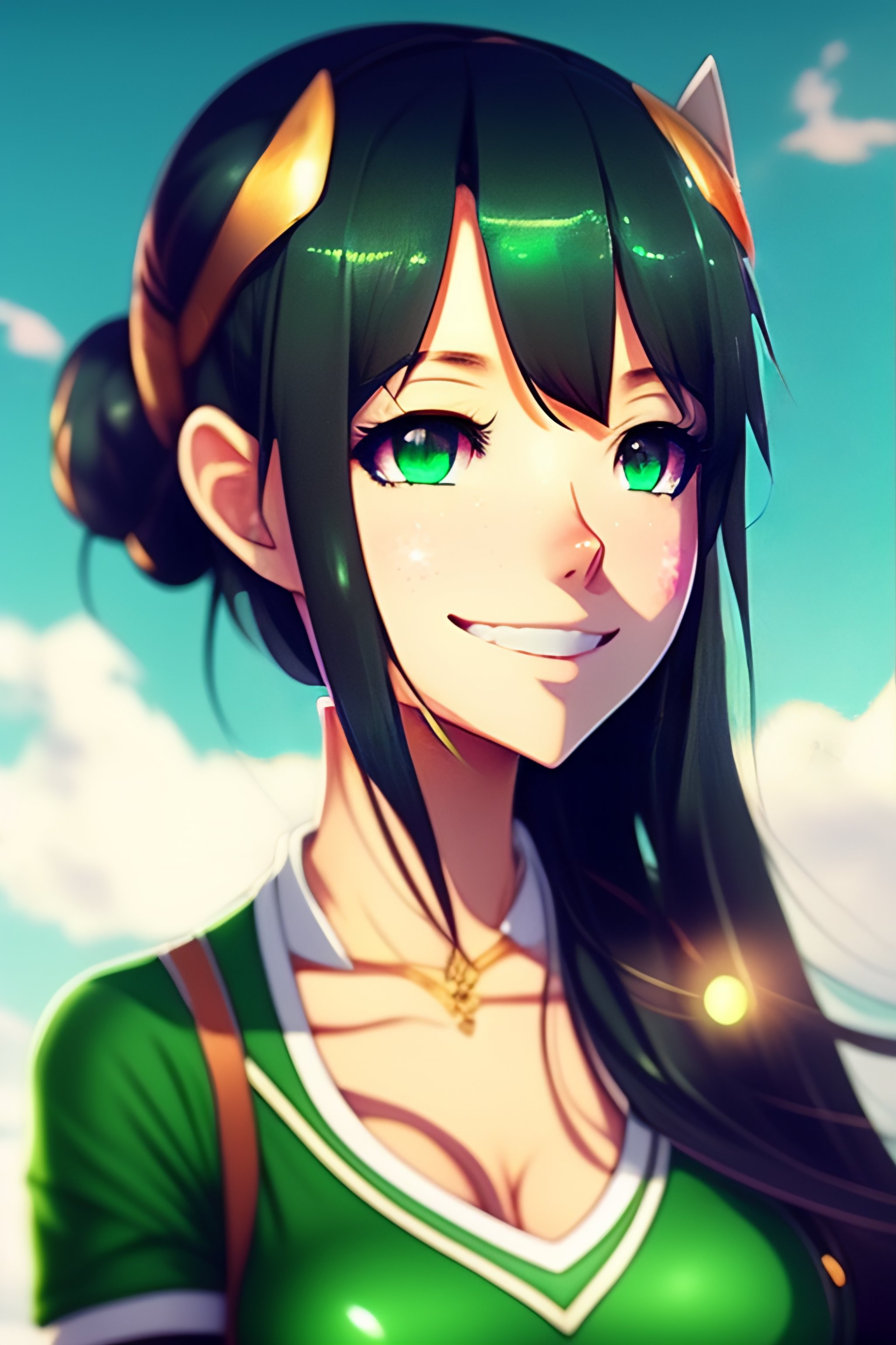 Lexica Cute Anime Girl Green Eyes Half Green Half Black Hair Ahoge 