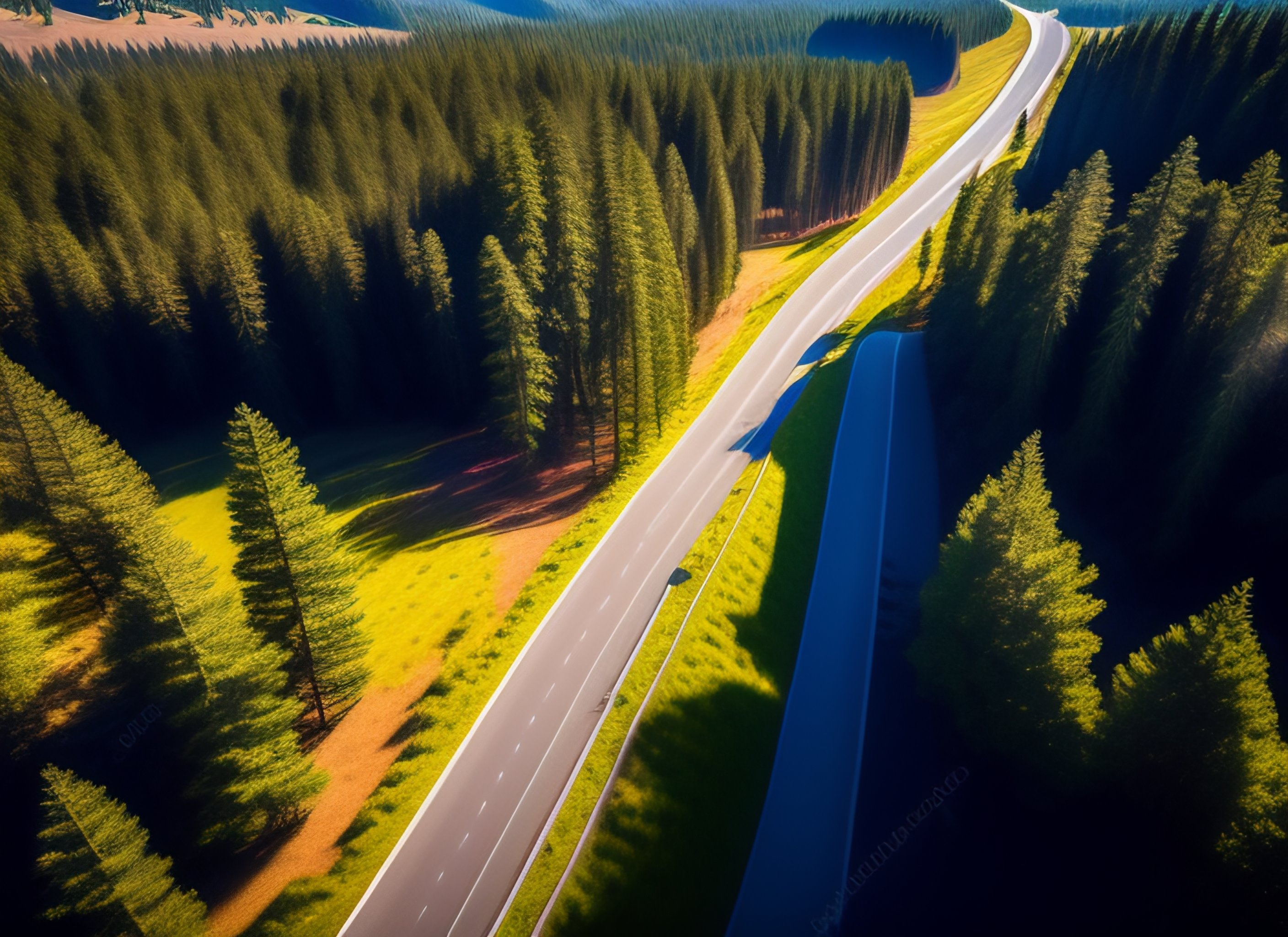Lexica - Drone view of a highly dense forest with zig zag roads coming ...