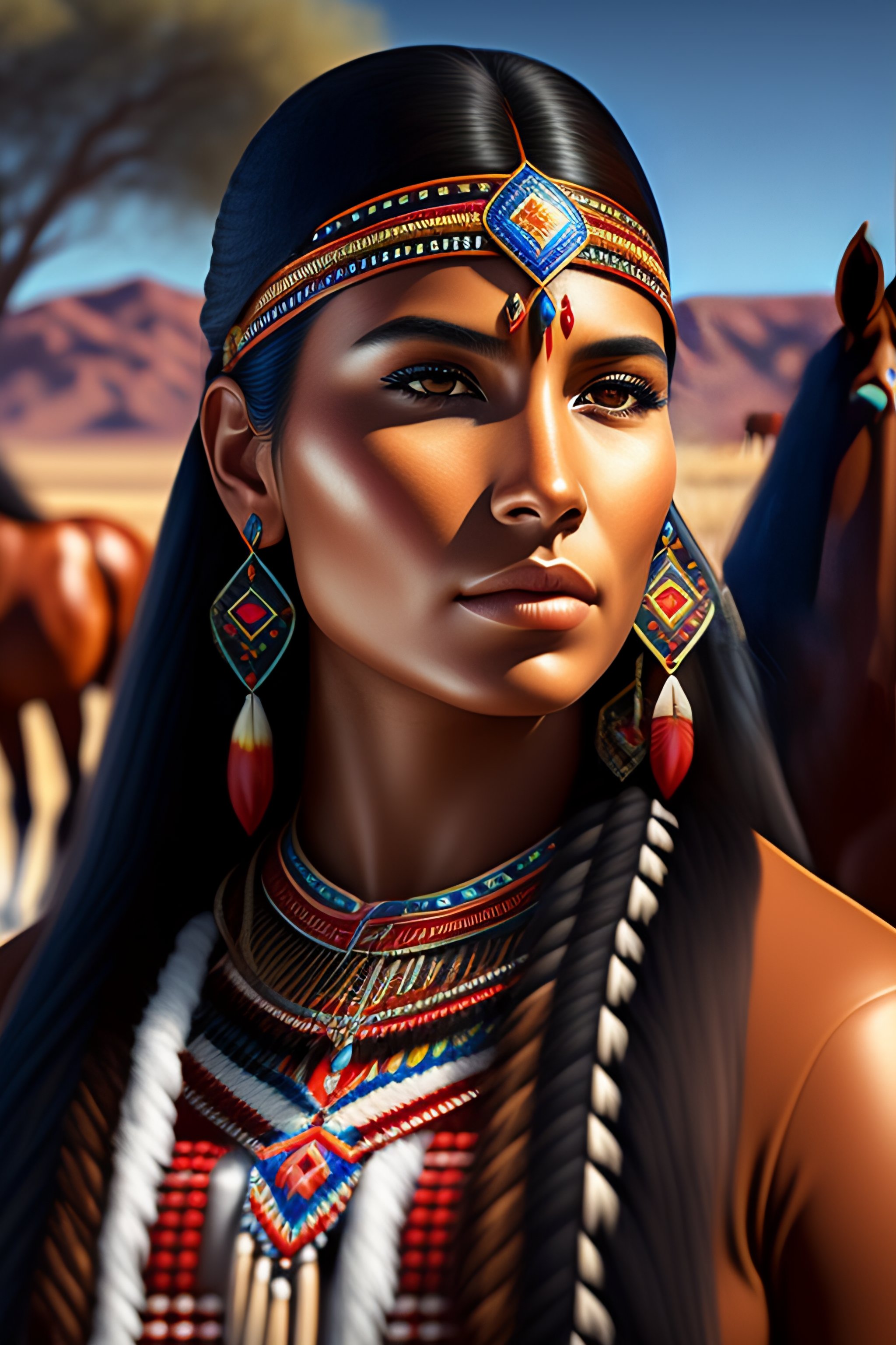 Lexica - Native american young woman portrait in 3d digital art with ...