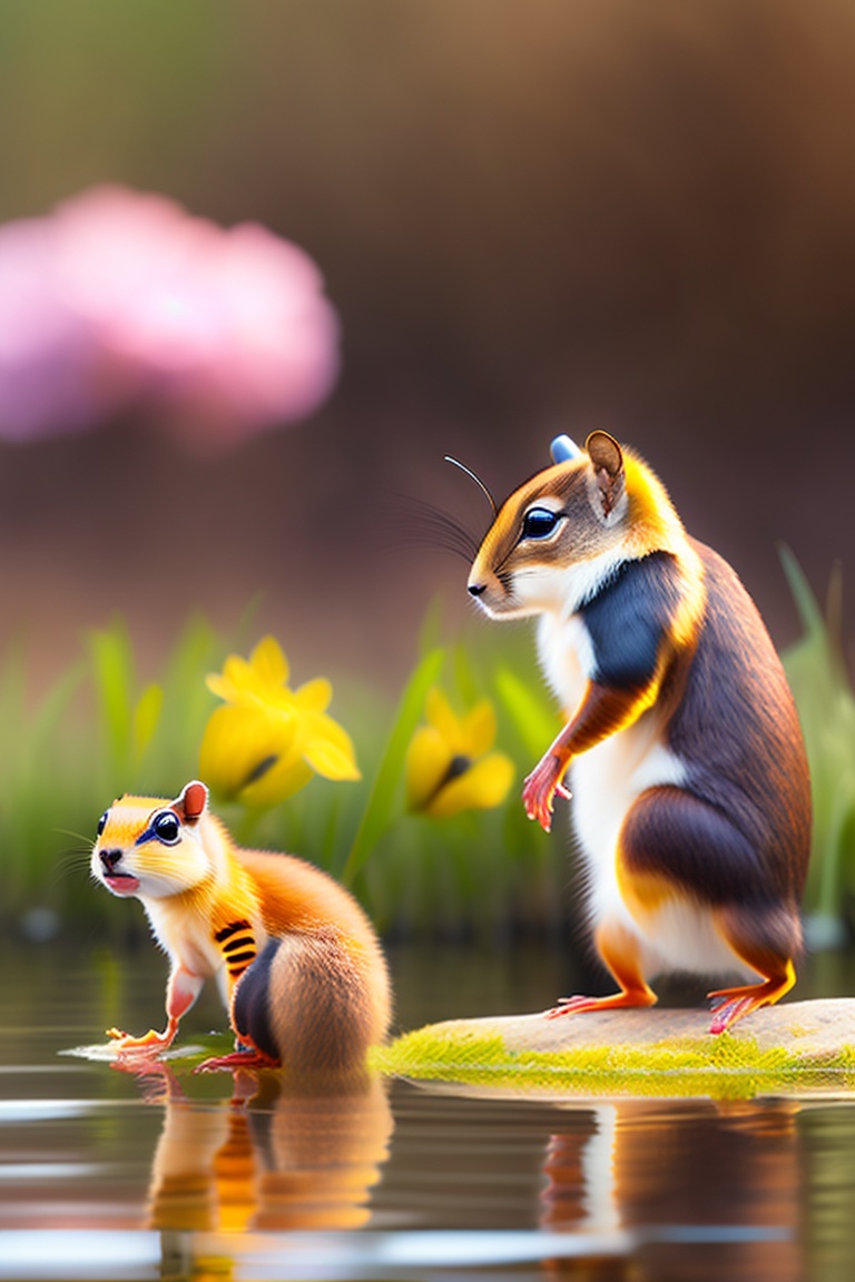 Lexica - A honey bee, a Squirrel and a frog stand near pond