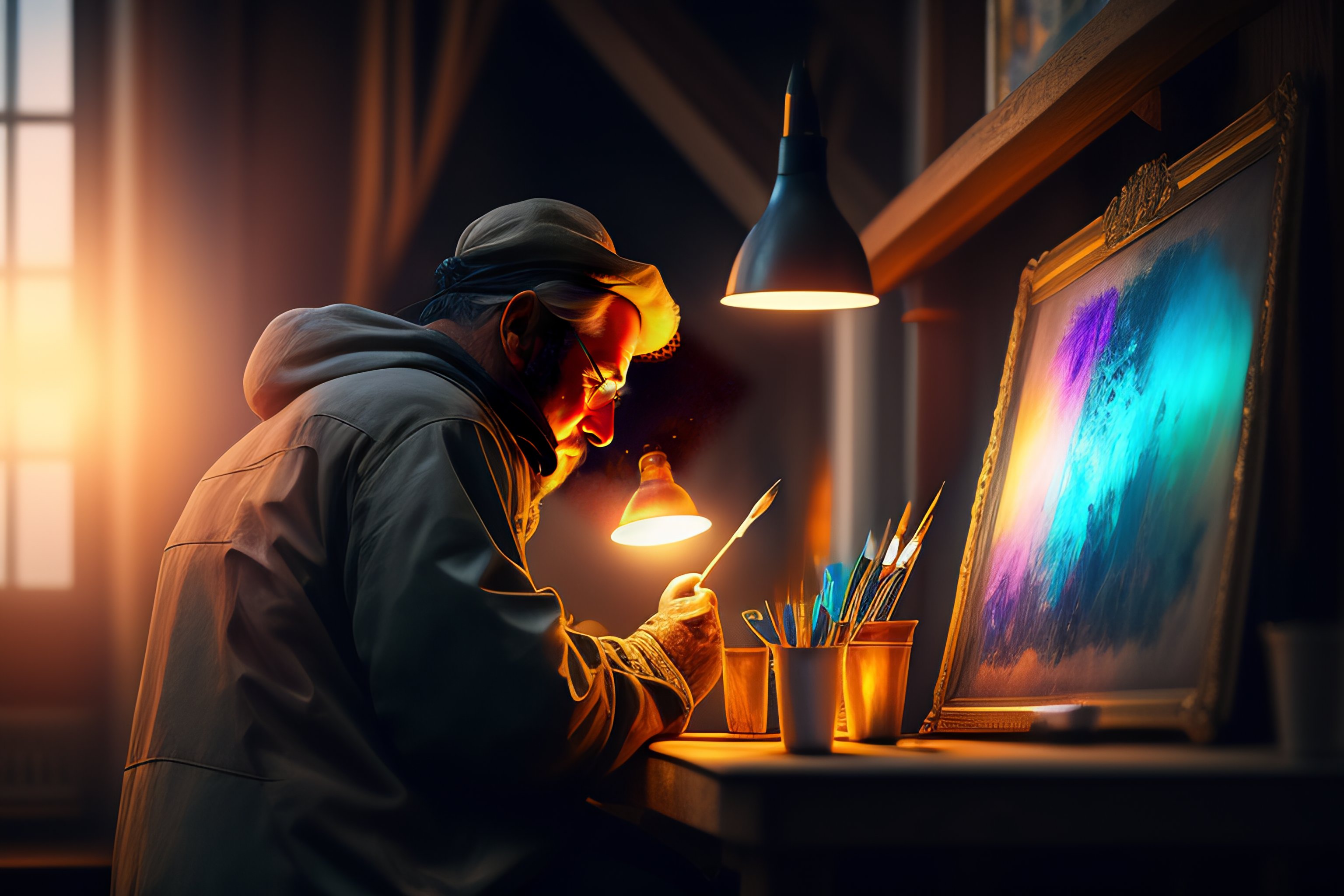 Lexica - Male, old Painter at work, cinematic composition, dramatic ...