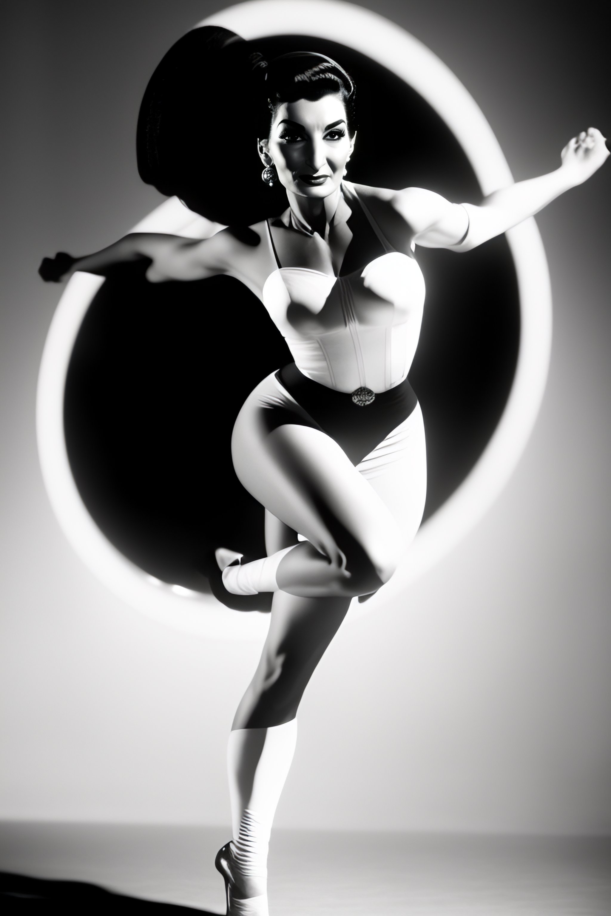 Lexica - Full body rounded face maria callas tight face skin, small nose,  no wrinkles, black and white fighting outfit, jump kick pose, holding  glowi...