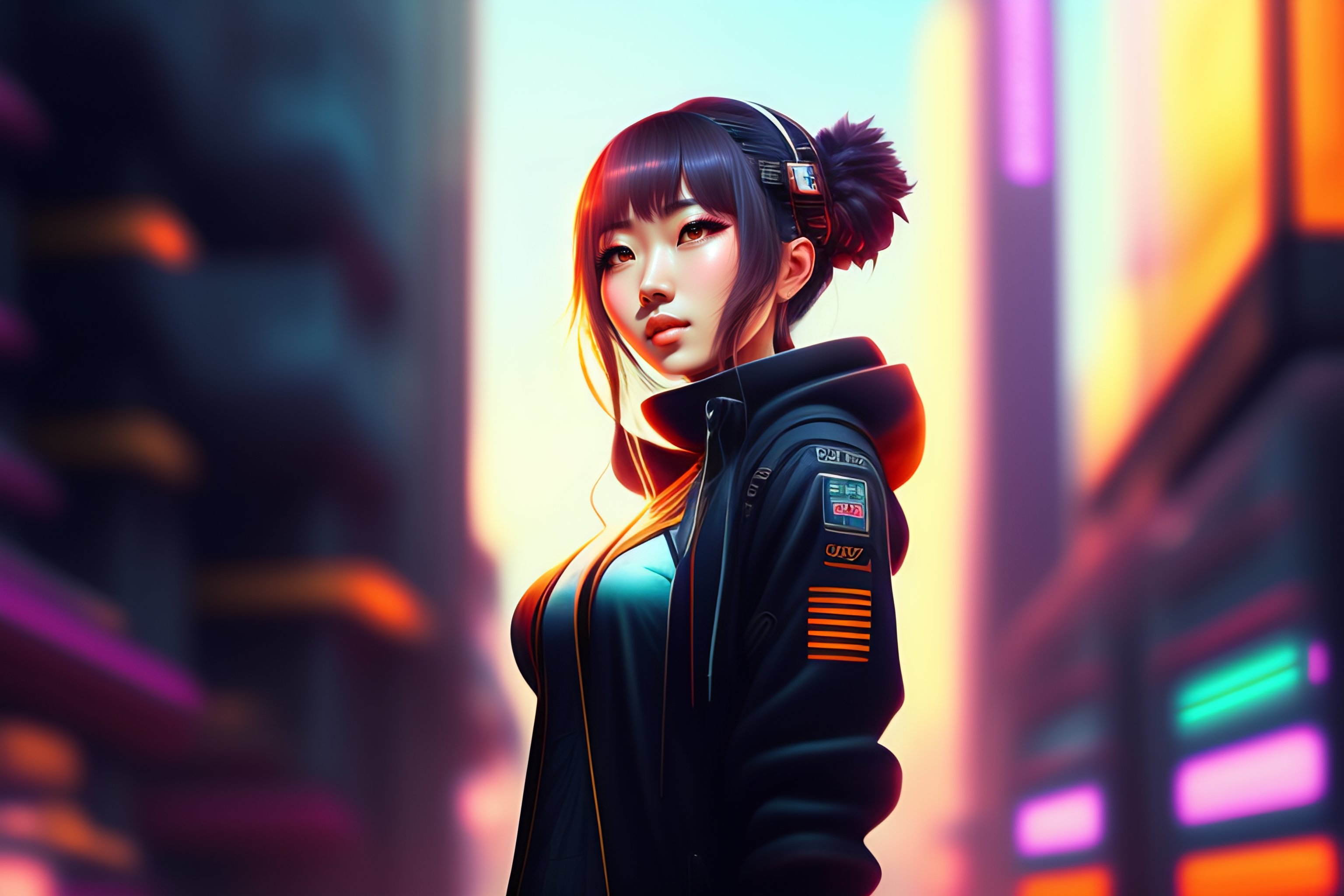 Lexica - Futuristic dystopic citu, techno music, pretty anime girl