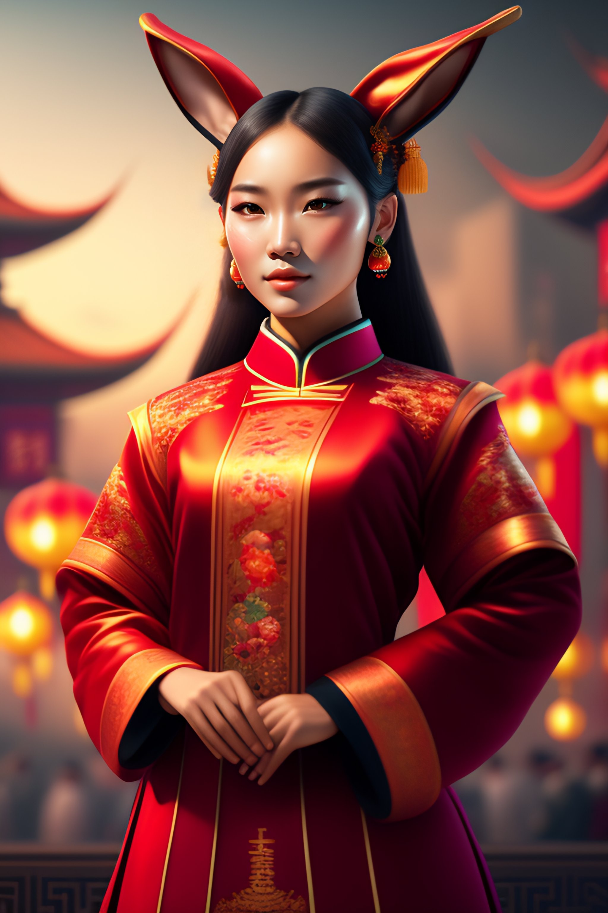 Lexica - Rabbit girl，Wearing Chinese clothes，the logo “新年快乐” at ...