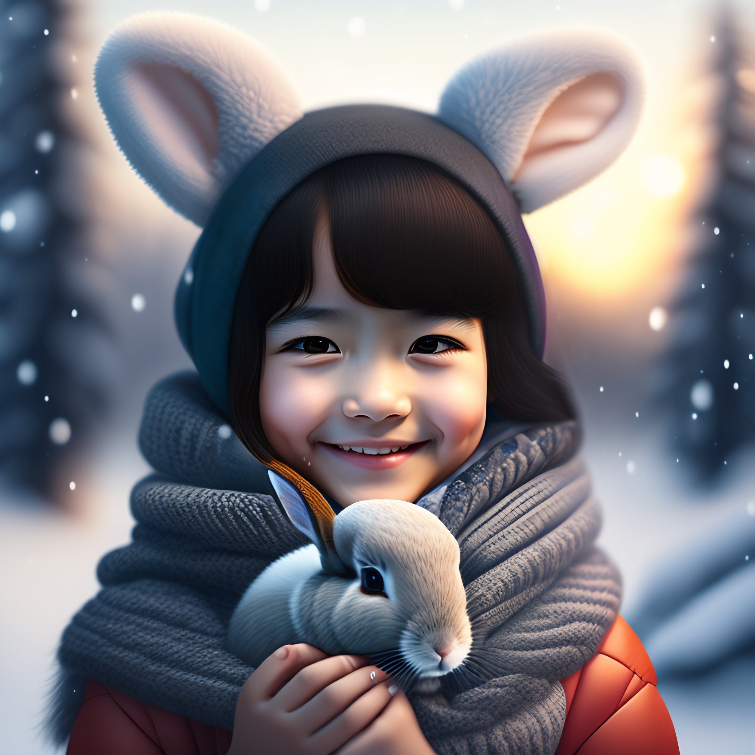 Lexica - Happy girl with winter sleepy cute rabbit, black hair