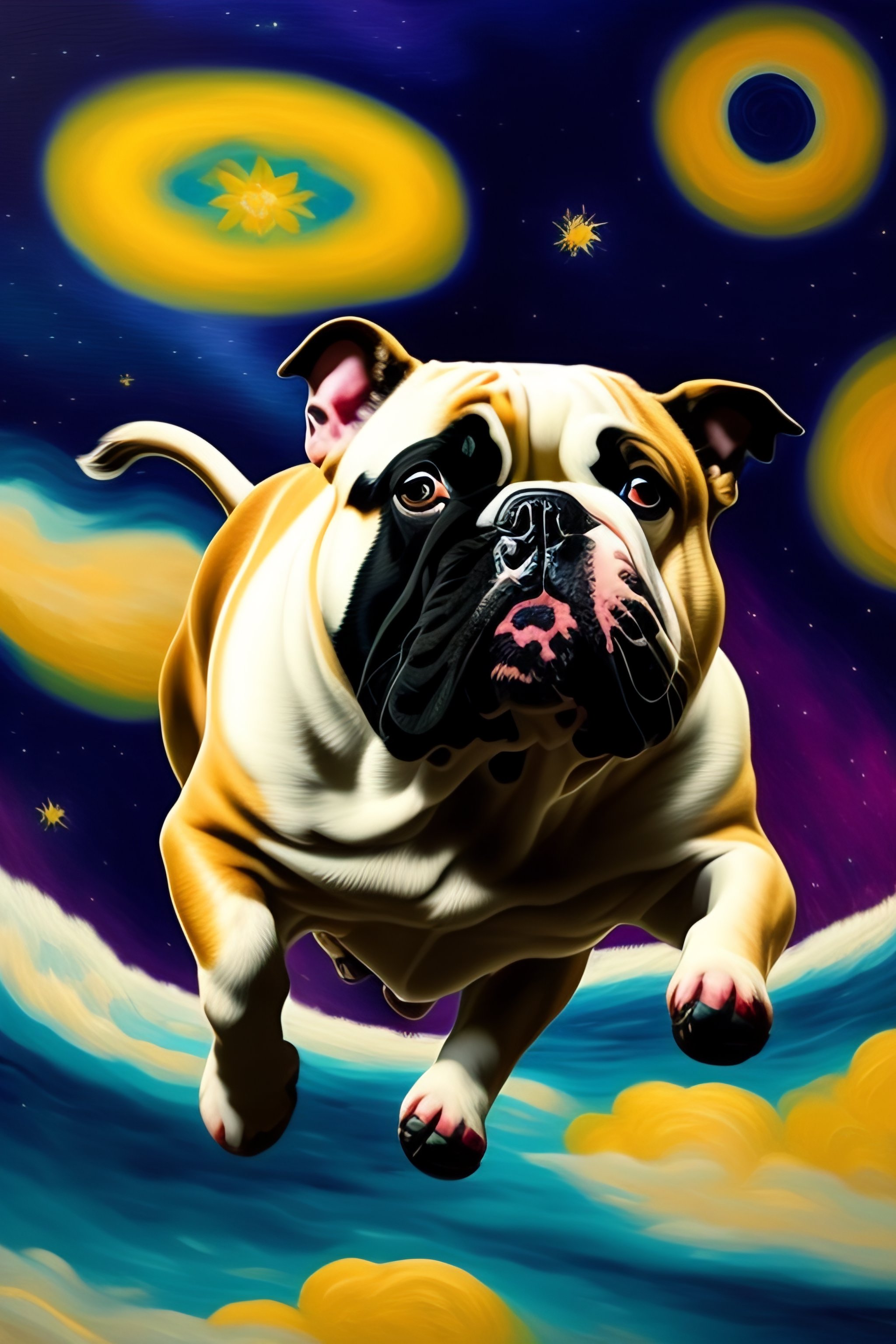 Lexica - Bull dog flying through cosmos, van gogh style