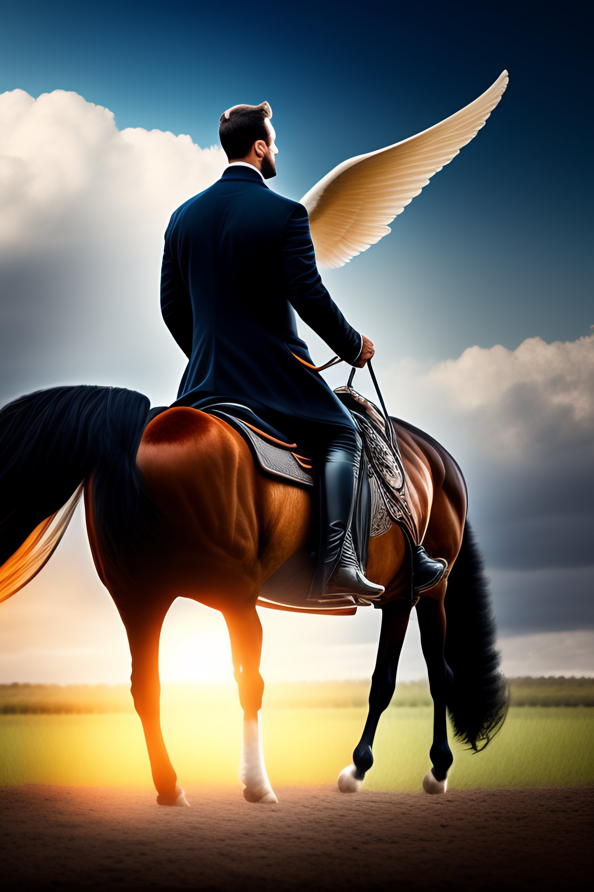 Lexica - Man riding a horse with wings fying into a big white door in ...