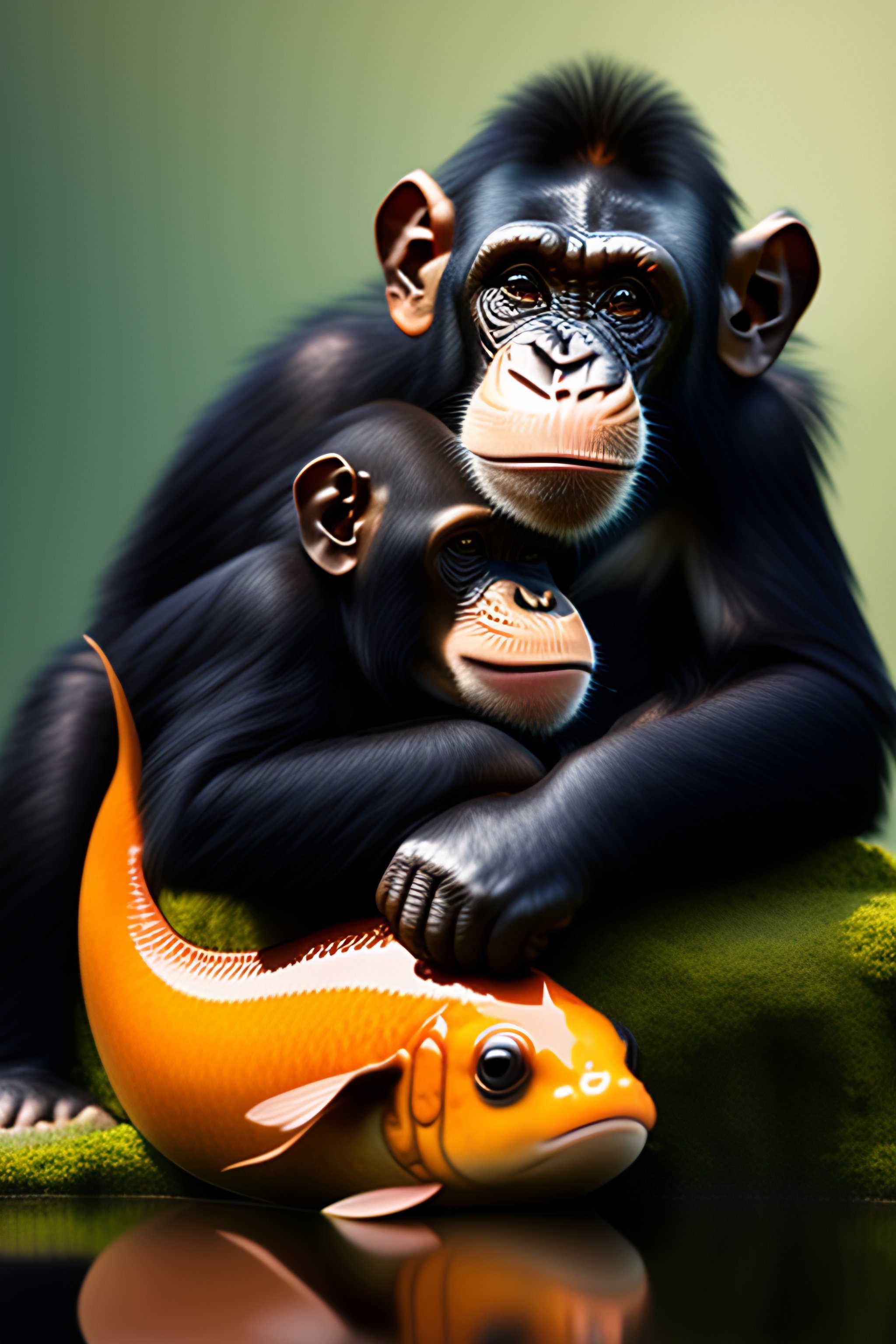 Lexica - A chimp is hugging a giant goldfish