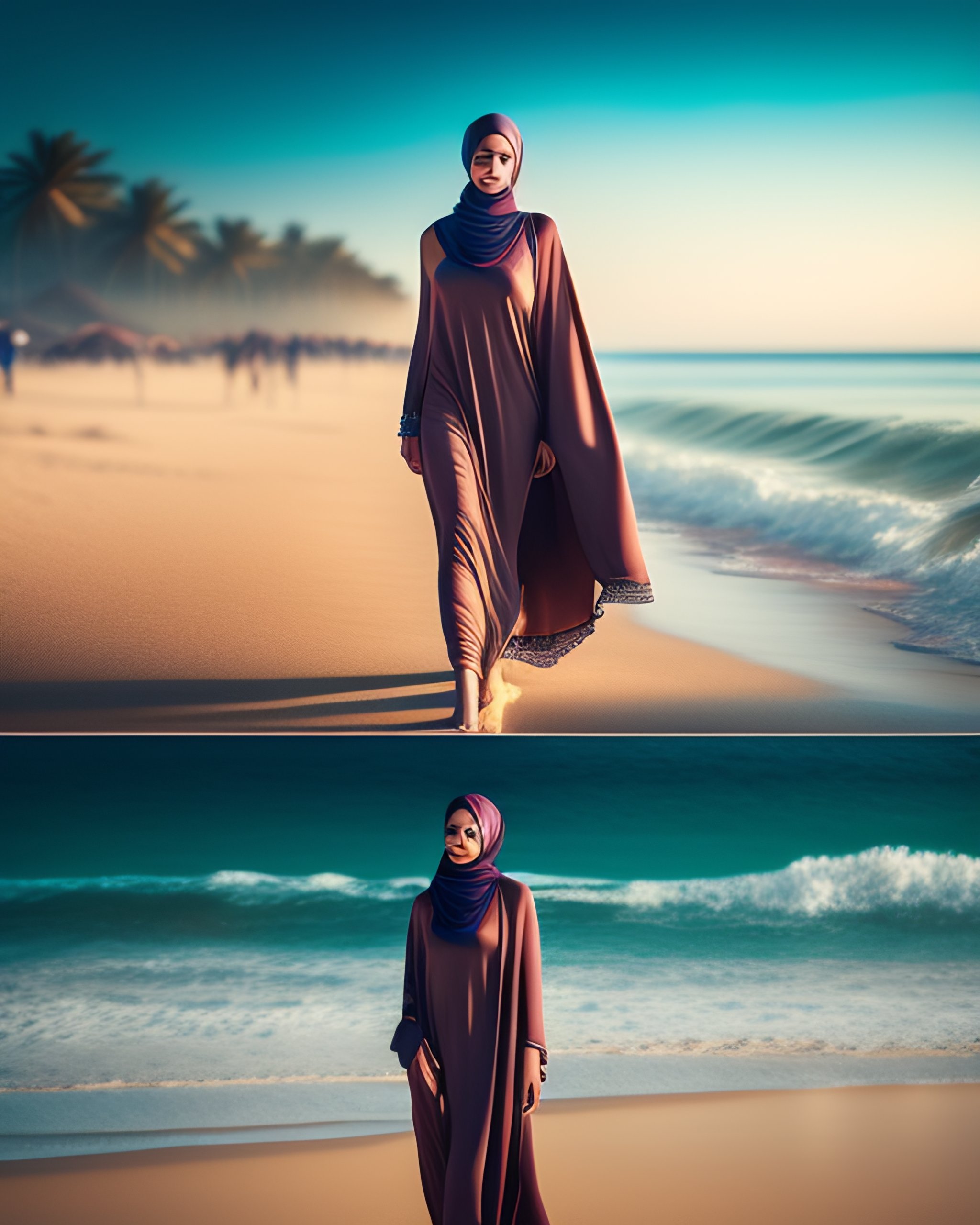 Lexica - A full body beautiful woman with wearing transparent bikini,  hijab, sunbathing on the sun lounger her husband, realistic, cinematic, 8k,  d 