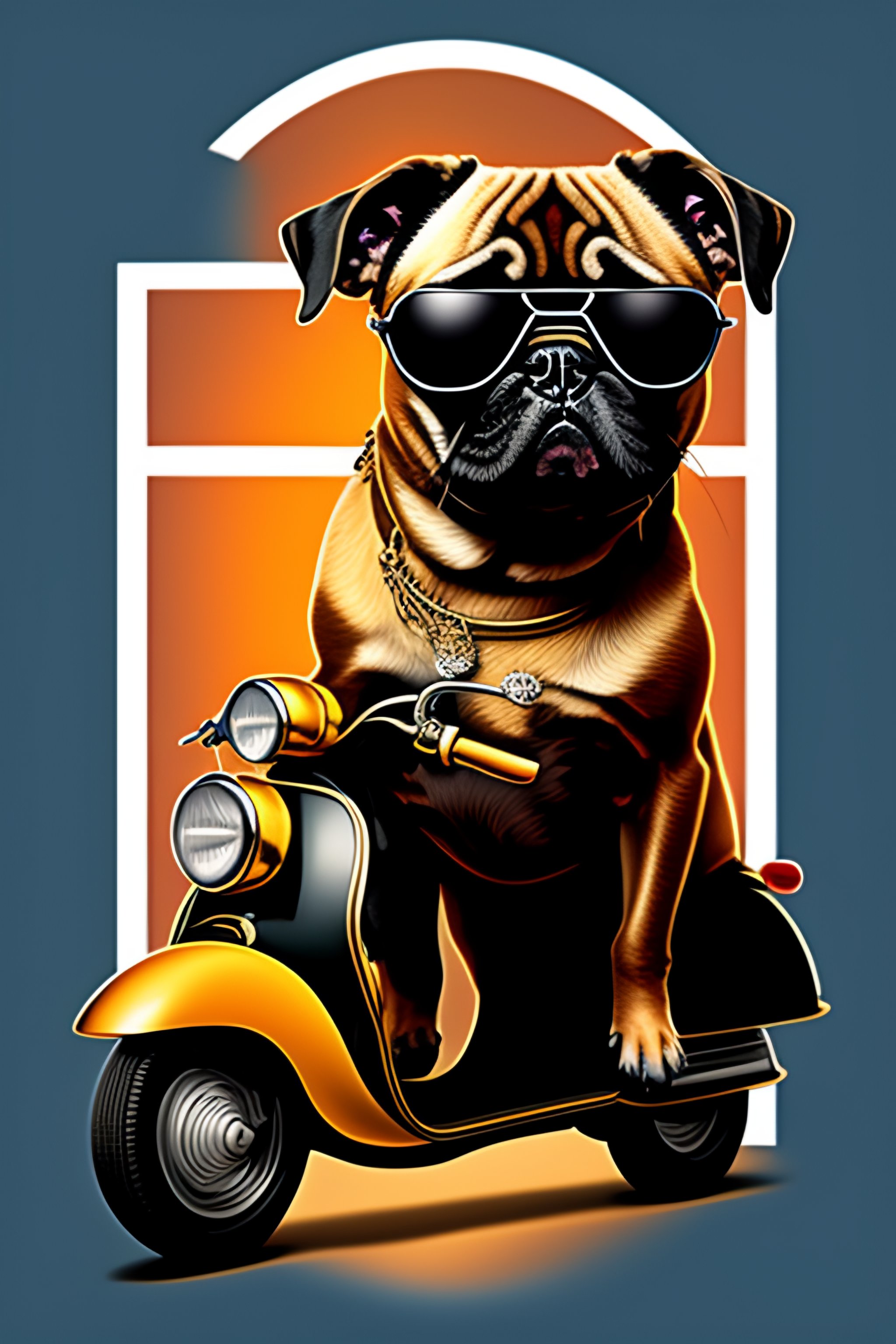 Lexica A steampunk pug with boots sitting on a vespa moped with sunglasses vector, graphic grunge, geometric horror tshirt design