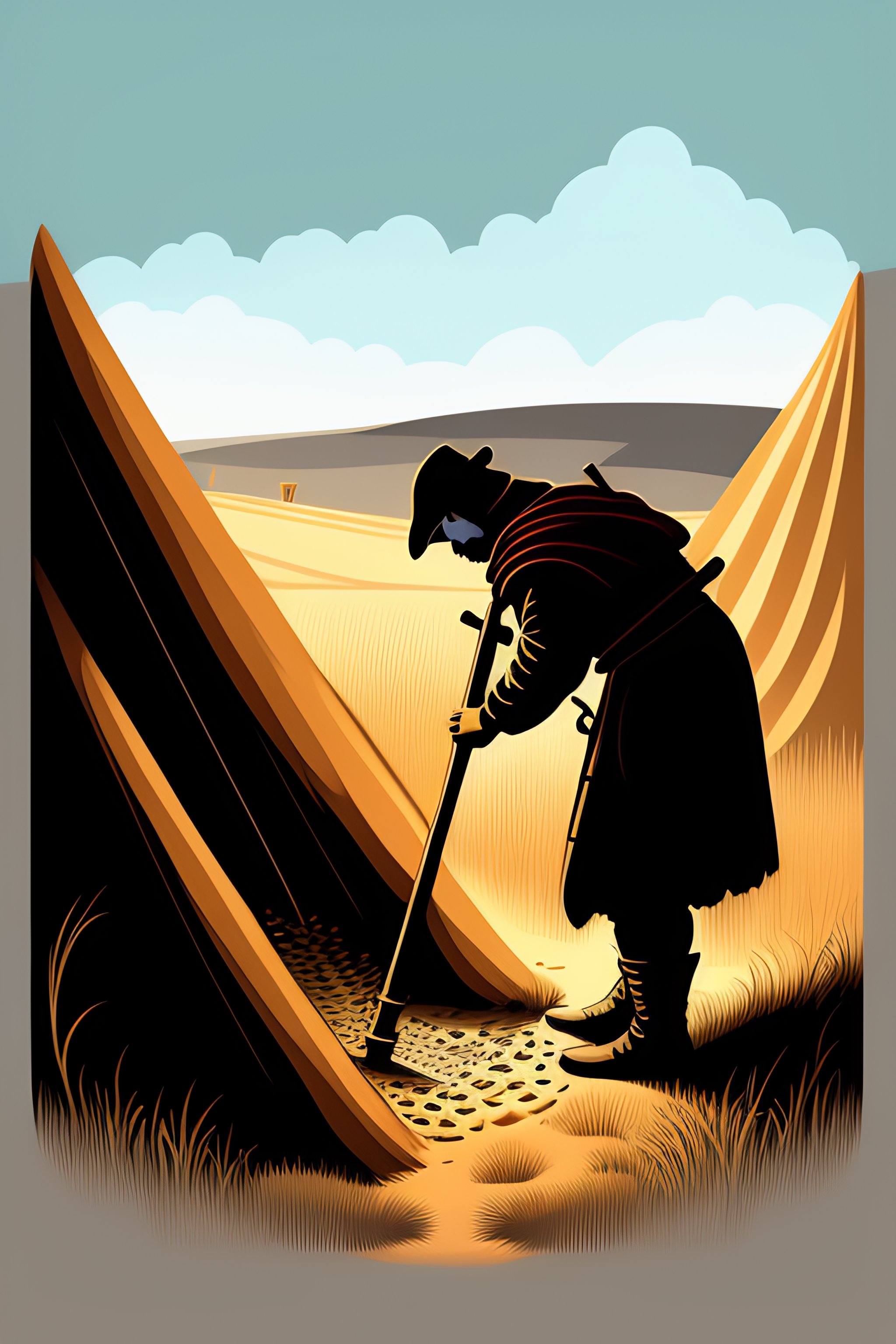 Lexica - Medieval worker digging, ink fine line artwork, flat design